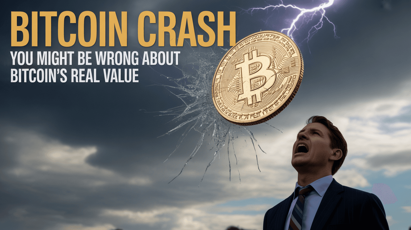 Cracked Bitcoin falling through storm clouds with lightning and investor silhouette under Bitcoin CRASH text
