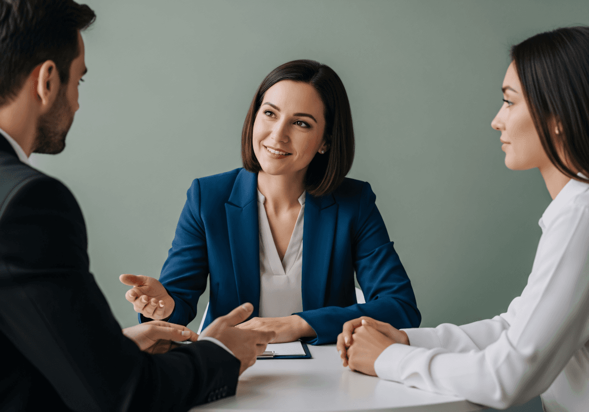 A professional meeting with three individuals discussing at a table, featuring a woman in a blue blazer and two attentive participants.