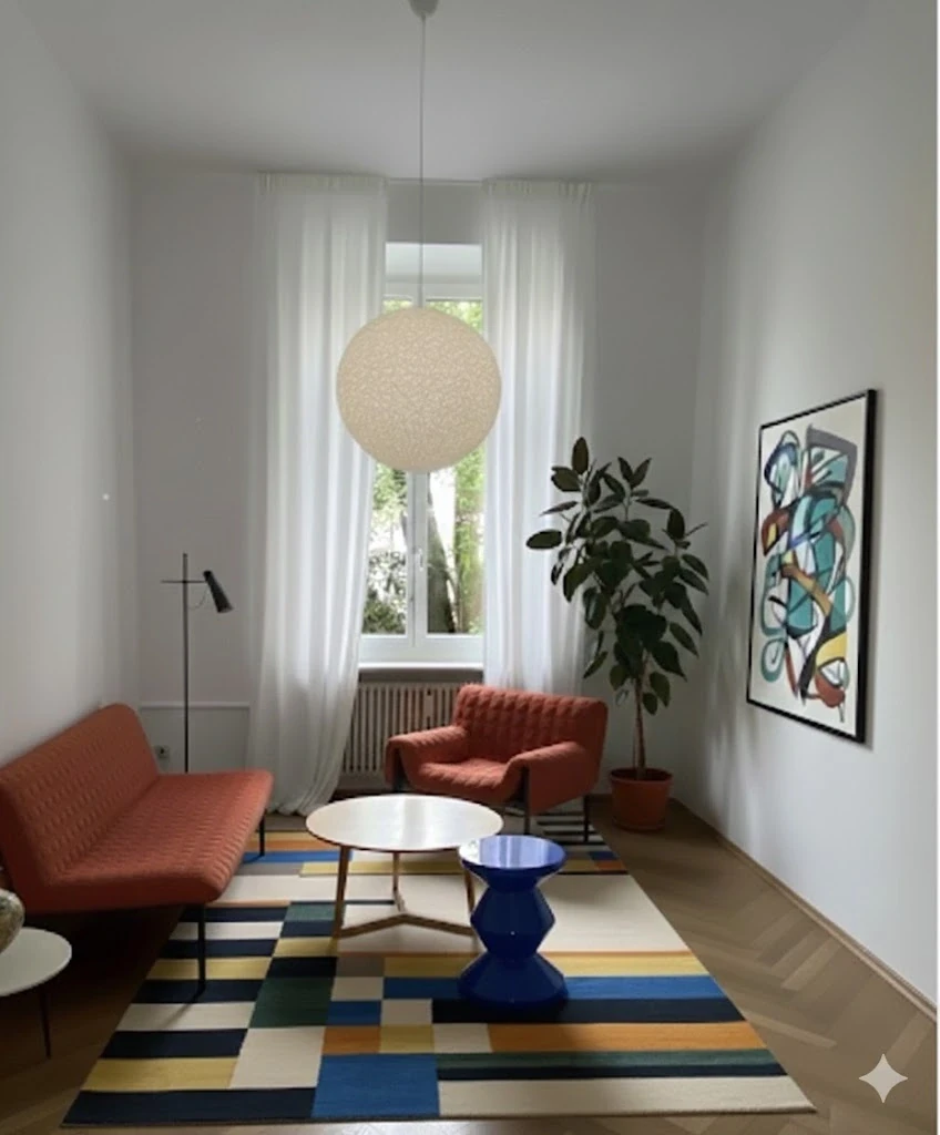 Hell gestalteter, wertfreier Praxisraum in München für Psychotherapie und psychologische Beratung.