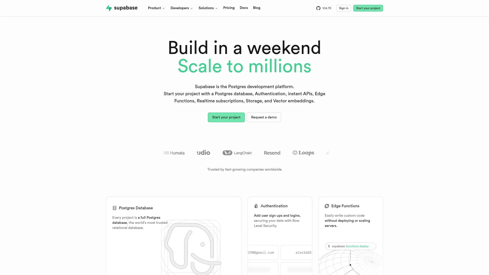 Supabase cloud database platform homepage showing Postgres database, authentication, and APIs