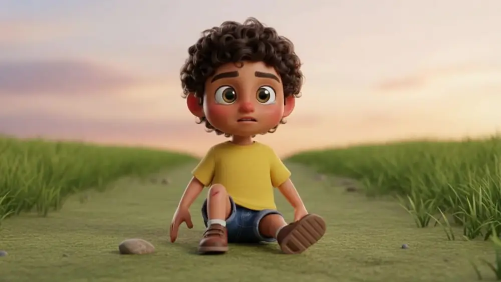 Scene 18: the boy sitting on a grassy path looking at his scraped knee
