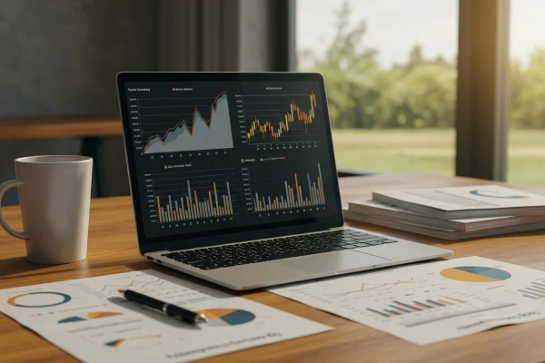 Imagem de uma mesa com um notebook e papéis