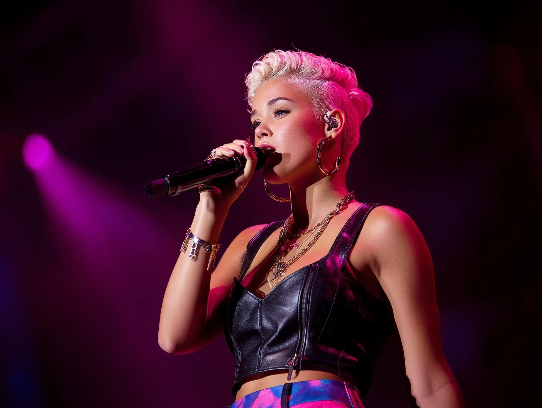 Live performance photo of music artist Poppy Vale singing on stage under purple lighting.