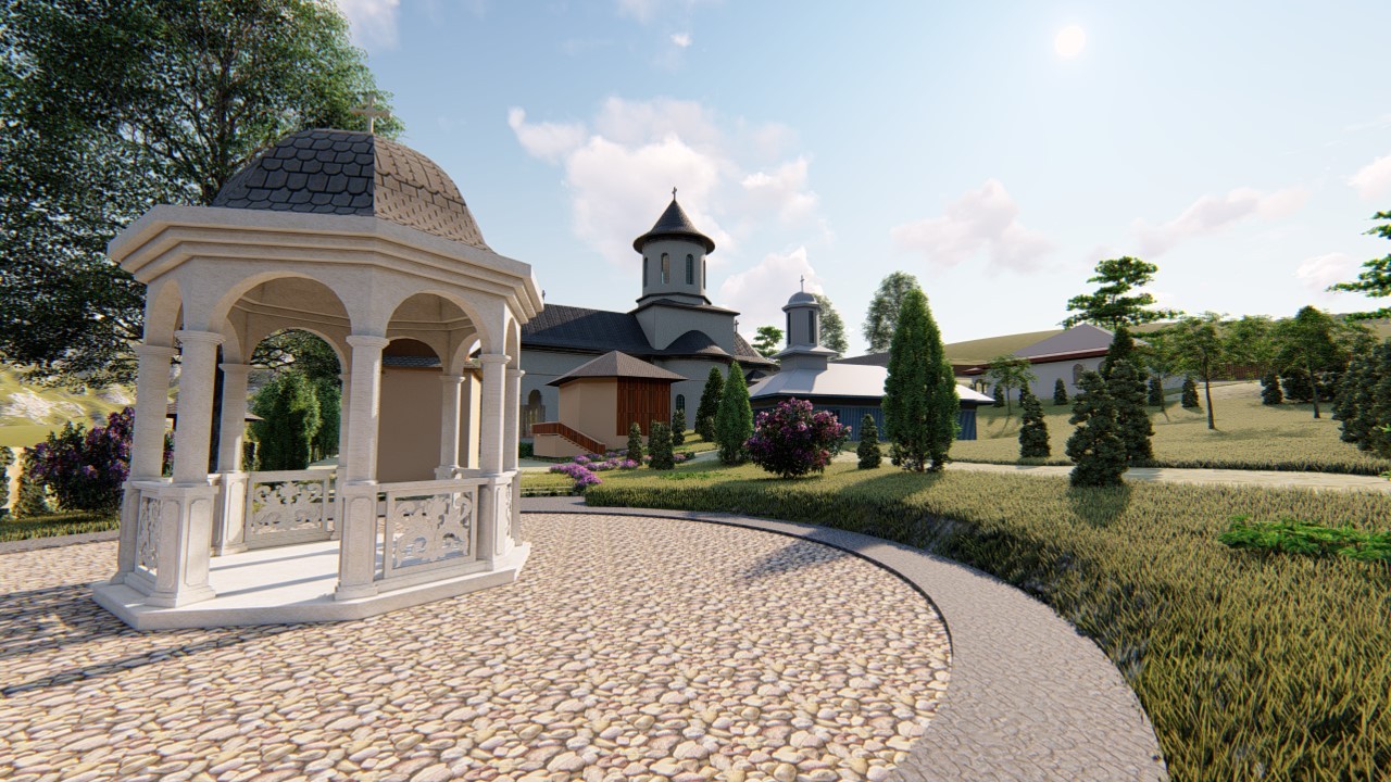 Randare 3D cu pavilionul și noua biserică