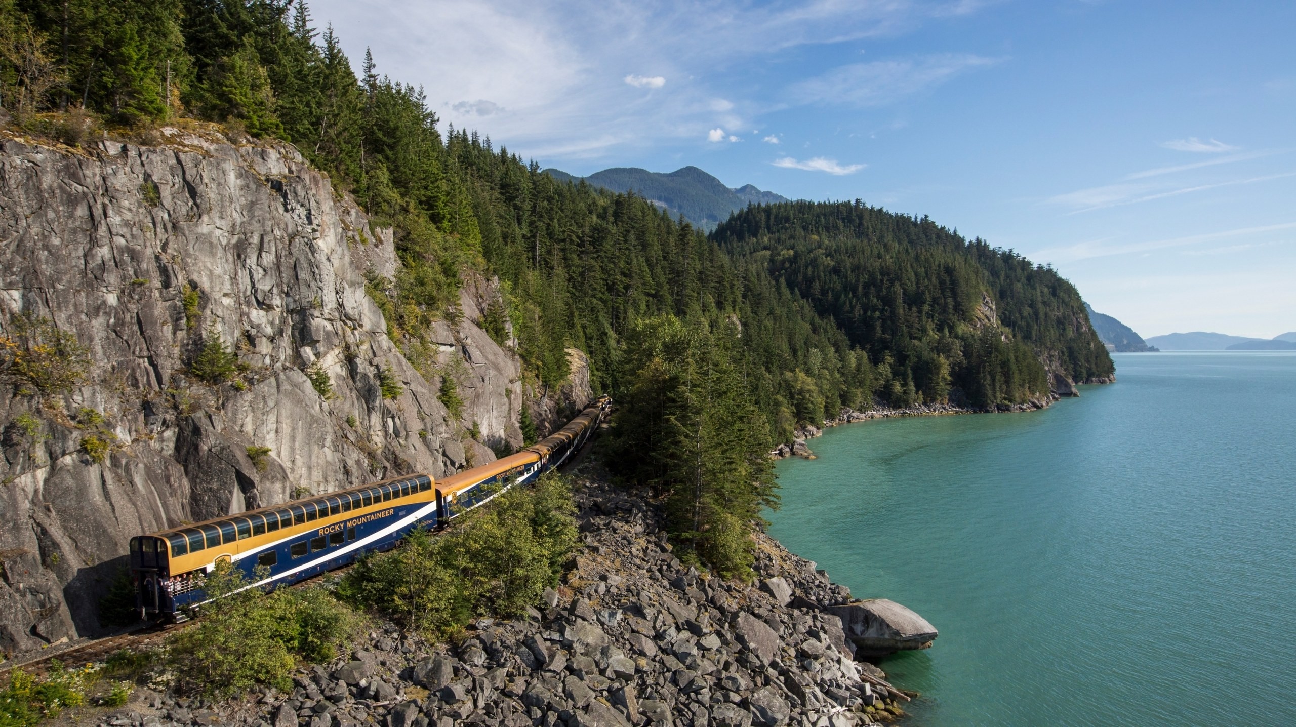 The Rocky Mountaineer train along the Sea-to-Sky coast north of Vancouver, on the Rainforest to Gold Rush route