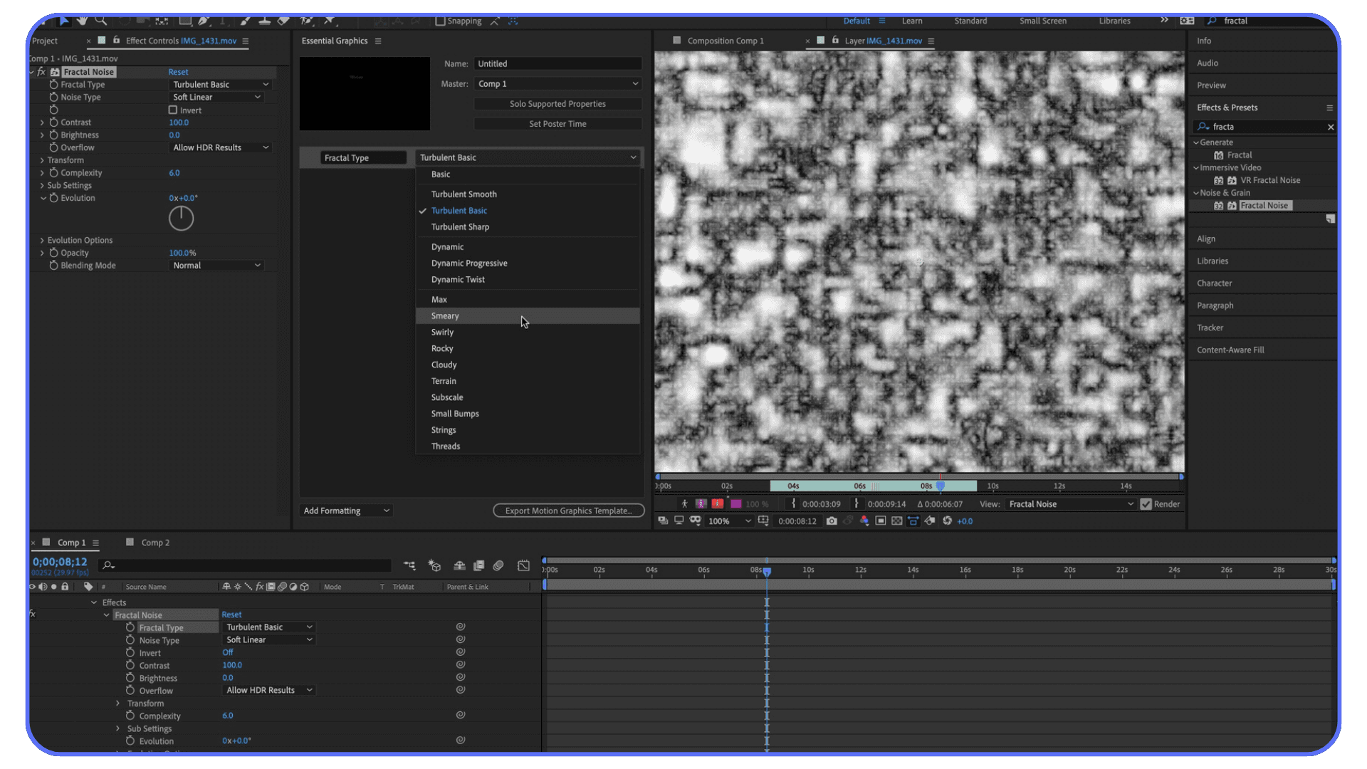 Fractal noise effect panel open in Adobe After Effects workspace