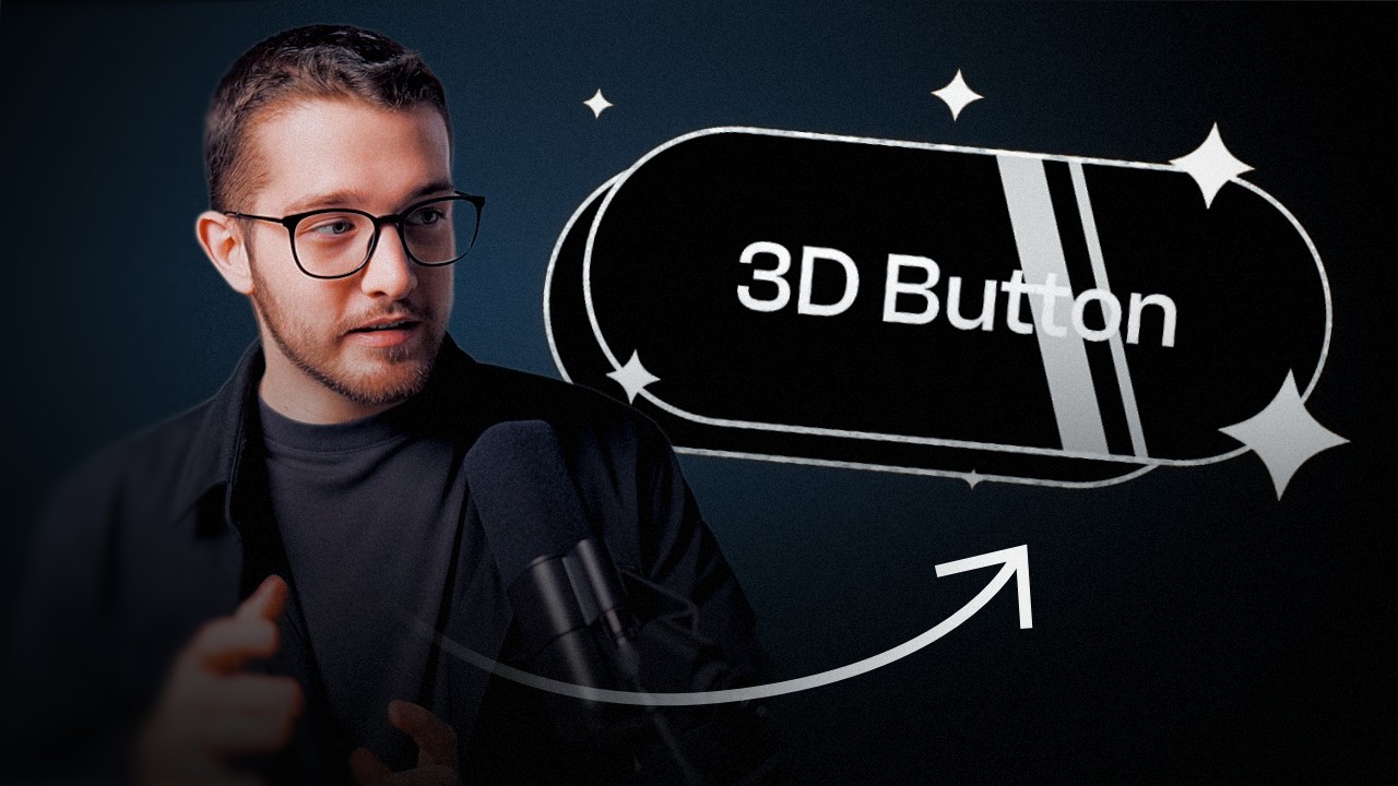 Creative design tutorial featuring a presenter explaining the creation of a sleek 3D button with glowing effects