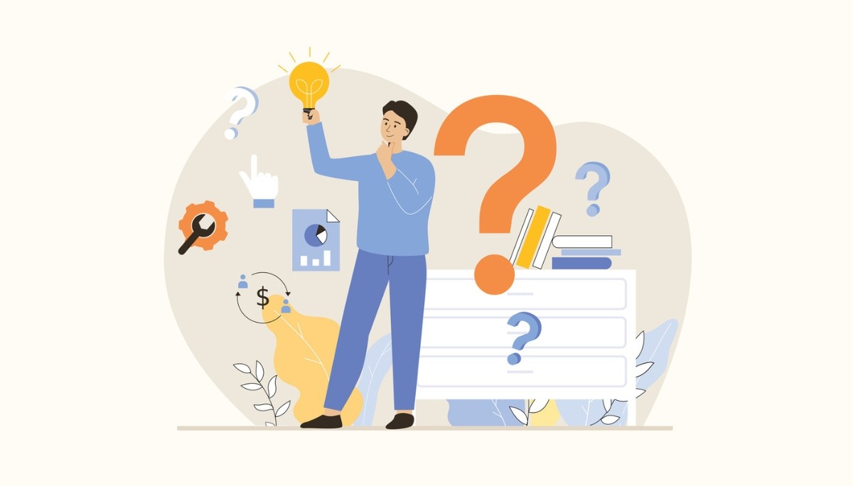 Illustration of a person holding a light bulb in front of a large question mark, surrounded by icons for data, tools, and finance—symbolizing thoughtful, strategic questions that candidates can ask during technical interviews to demonstrate insight and problem-solving skills.