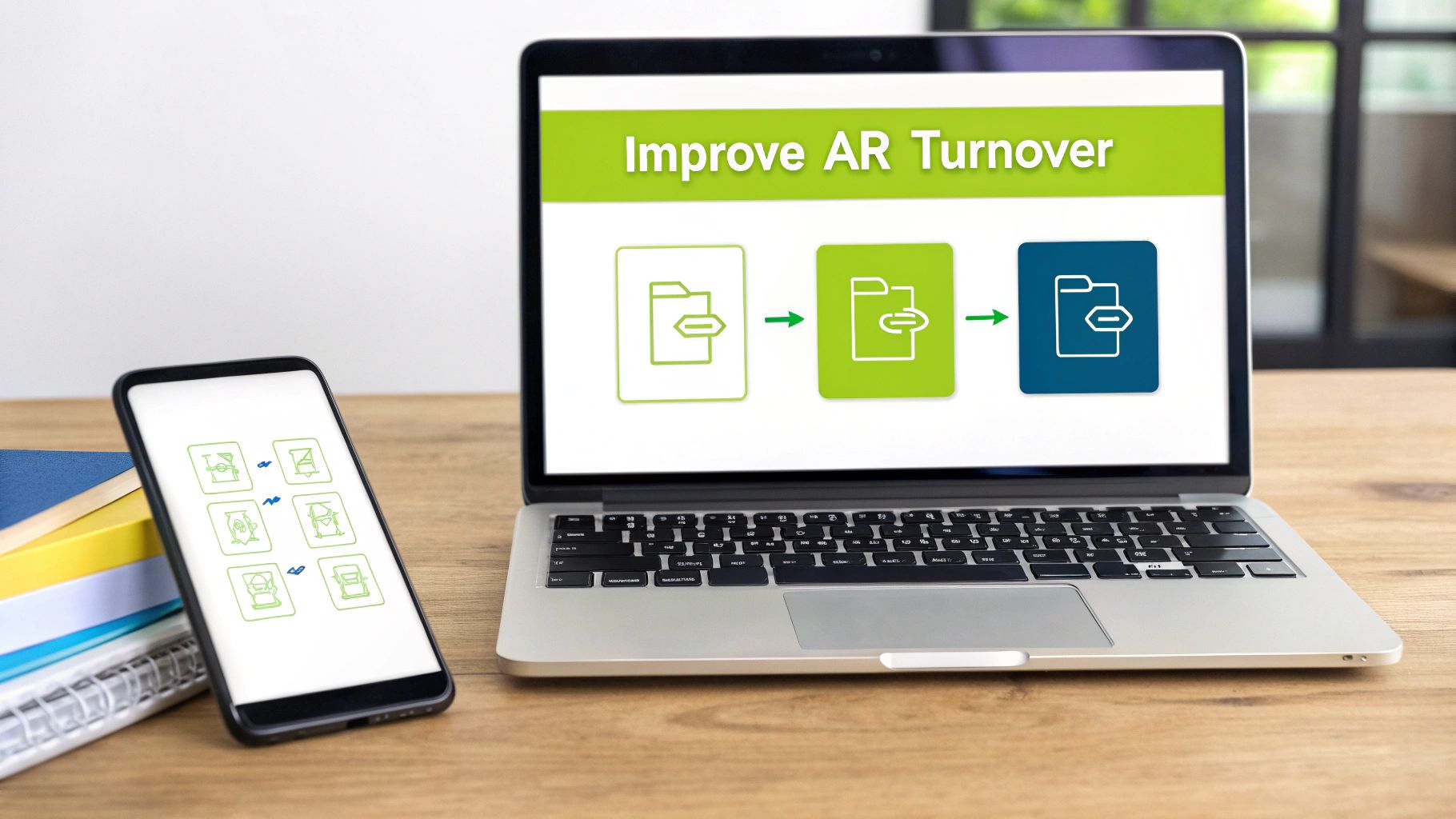 A laptop showing 'Improve AR Turnover' and a smartphone with financial management icons, representing business process improvement.