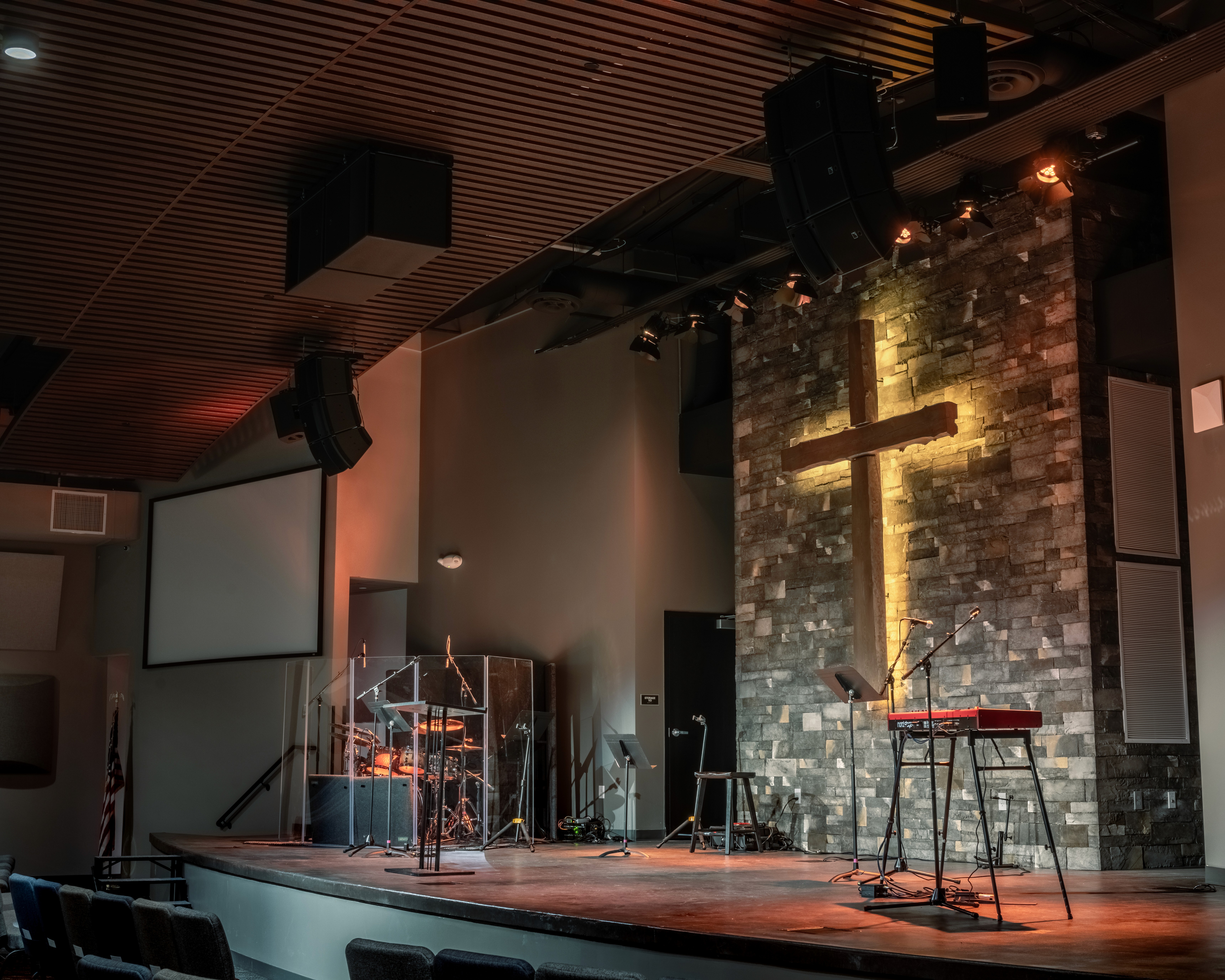 Image of a Worship Stage at a Church with a Large Cross