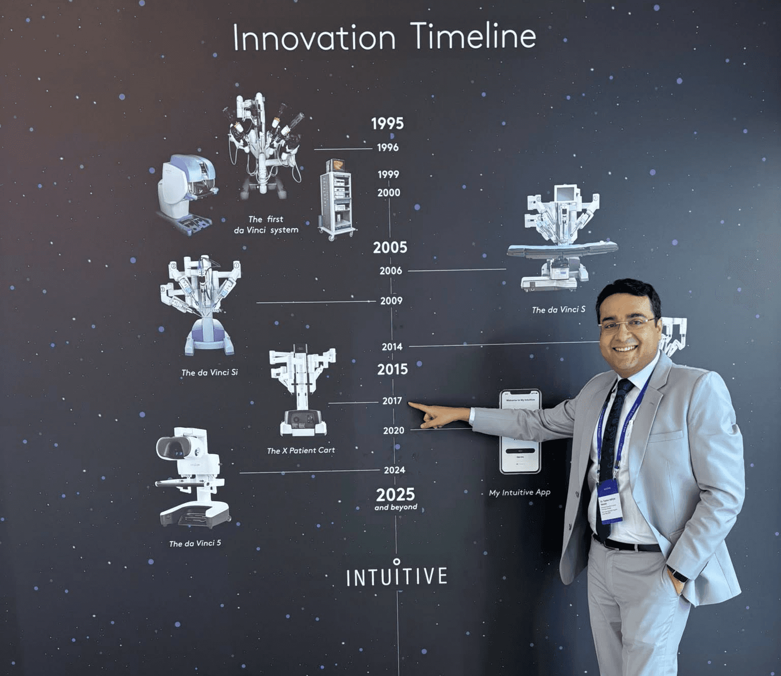 Dr. Tushar pointing to the historical launch of the da Vinci robotic system.