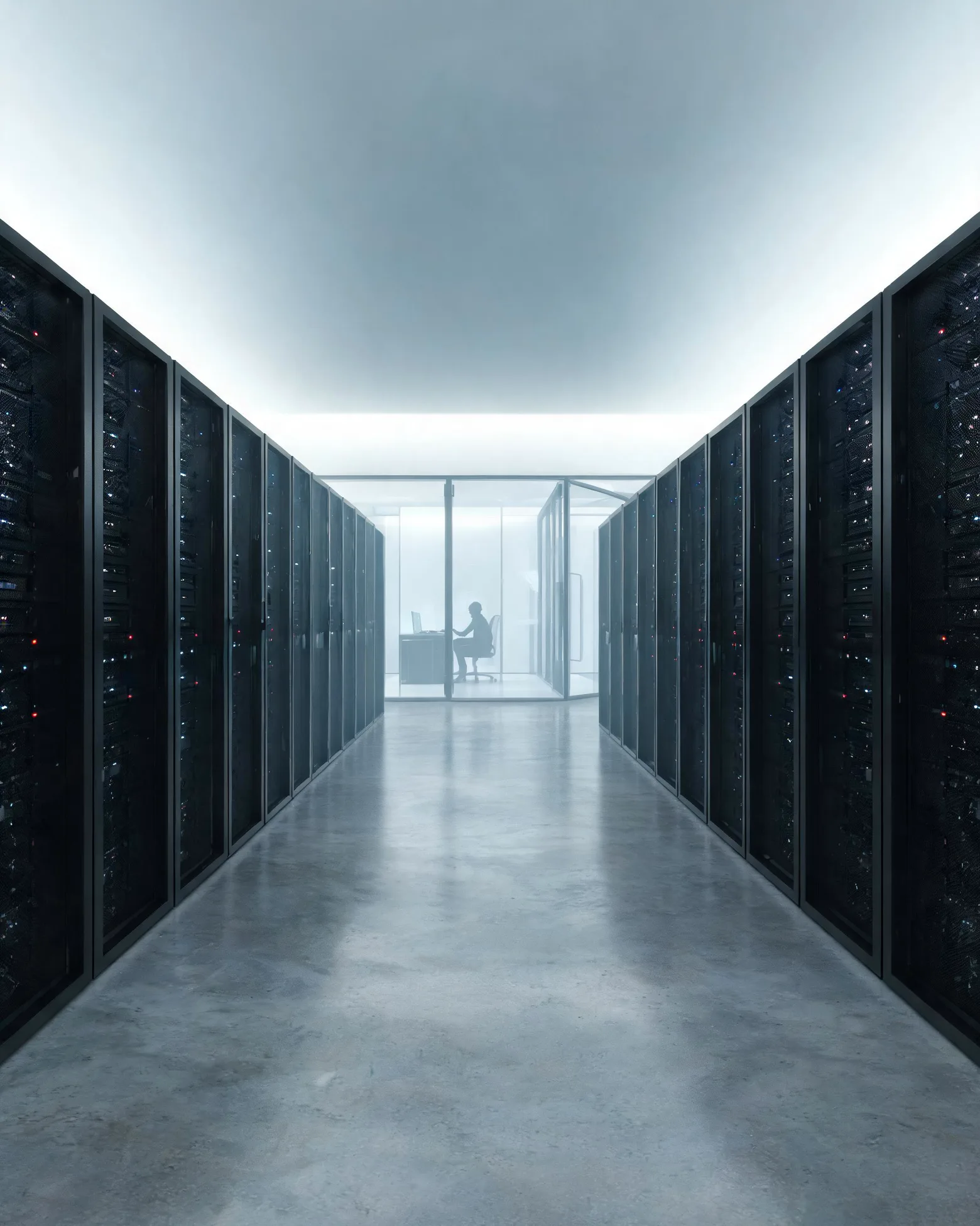 Two rows of server racks receding into soft light in an integration room