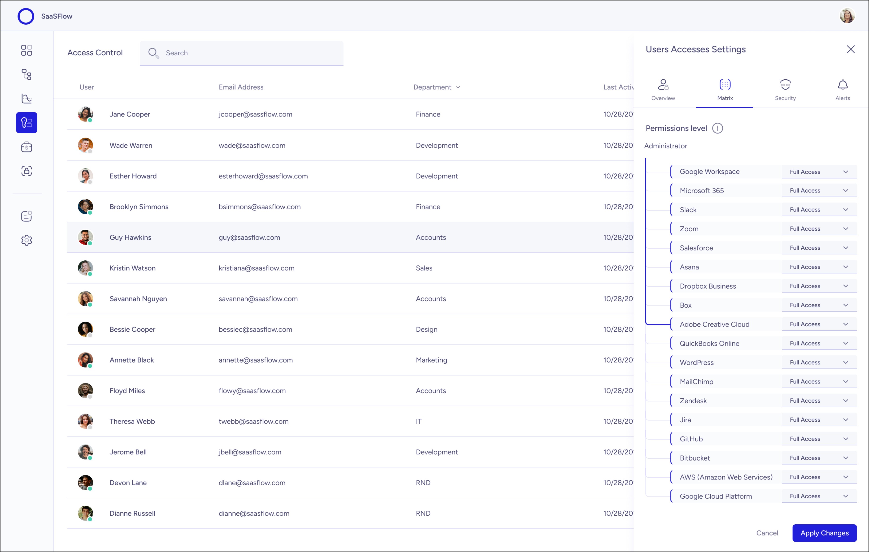 SaaSFlow UI design table layout