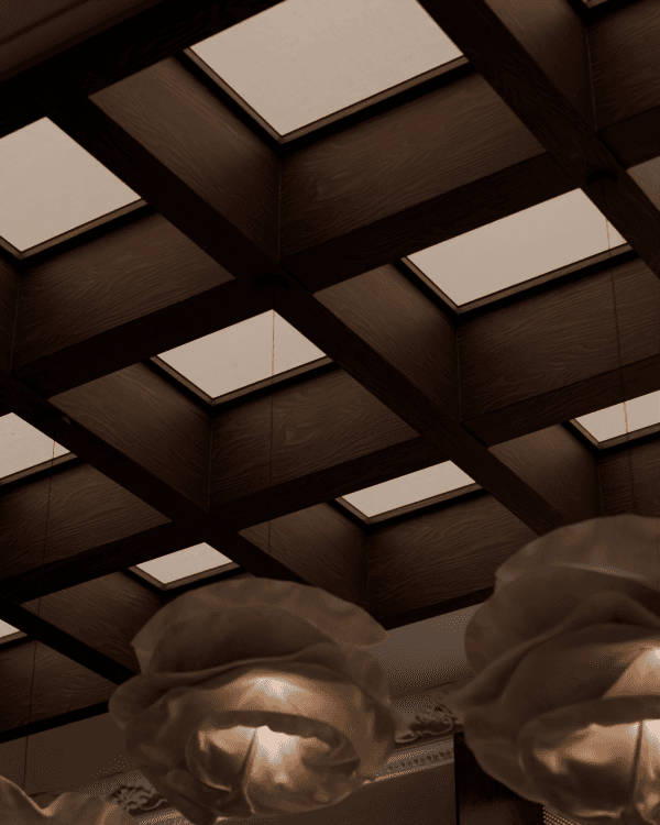 Rendu 3D plafond à caissons en bois sombre et suspensions organiques, restaurant omakase Paris — Aure Moukala