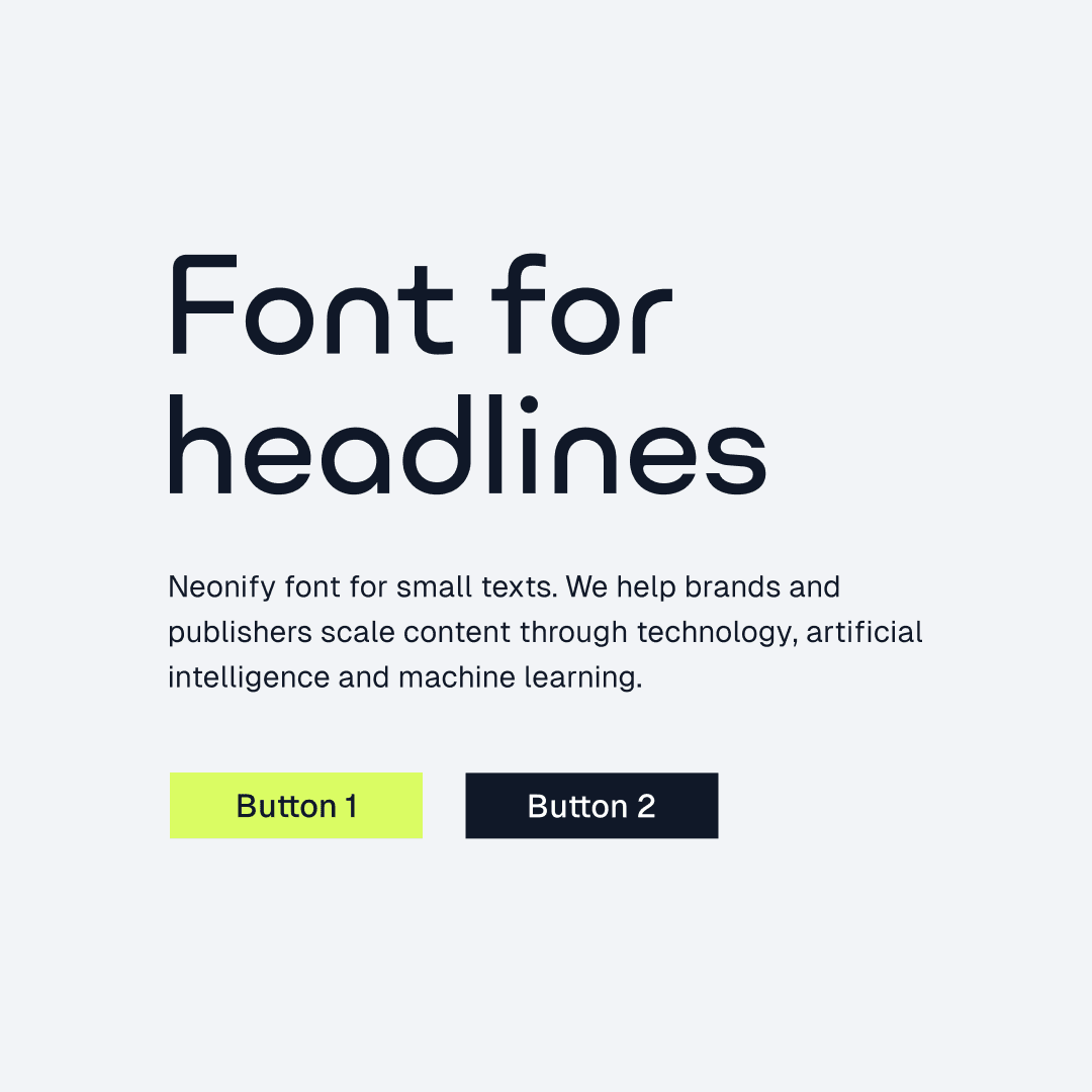Neonify typography specimen showing headline and body font styles with lime and dark button variants