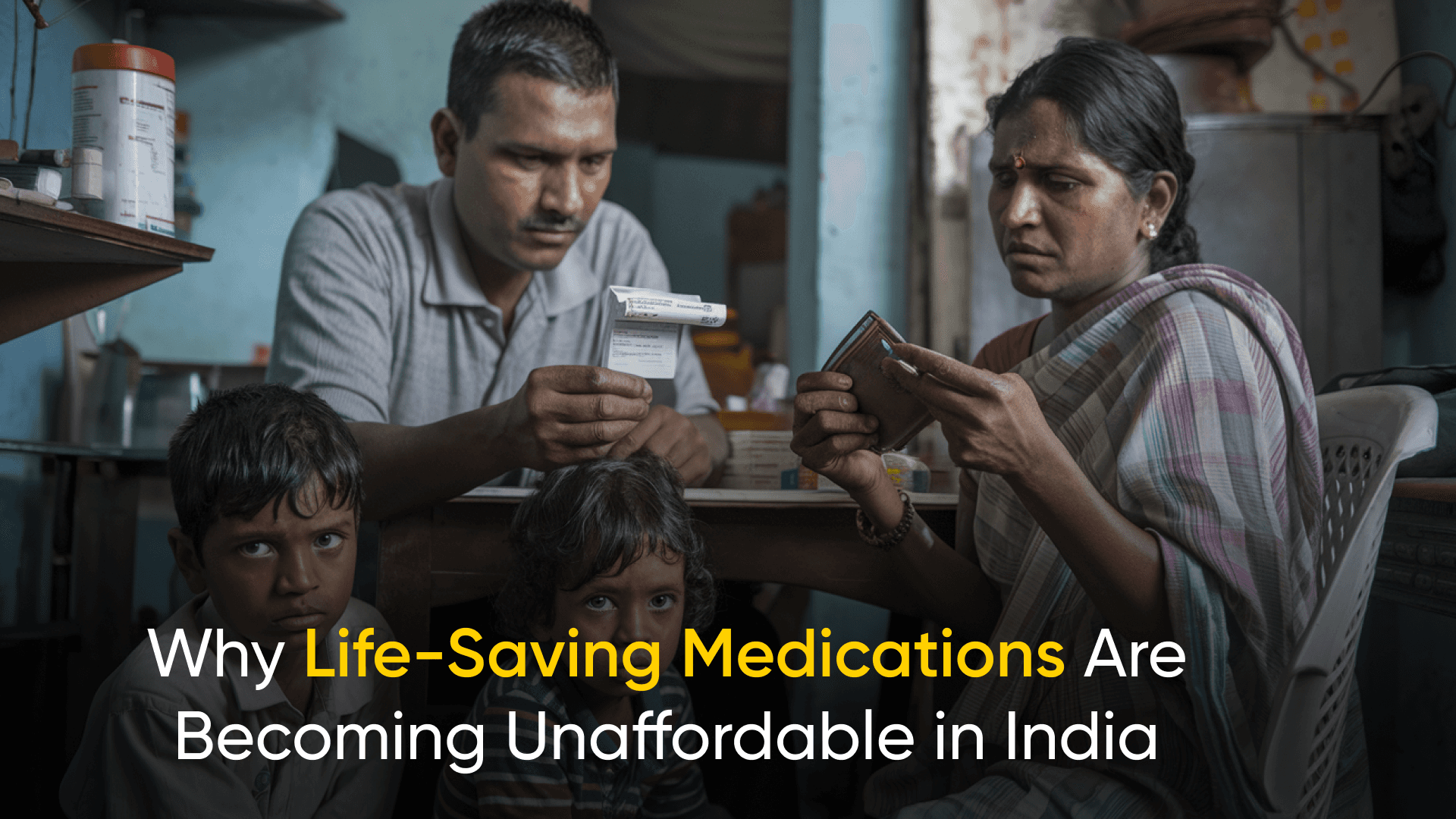 Family discussing life-saving medication costs at a local pharmacy in India. Drug price controls India, Healthcare affordability in India, Impact of drug price hike on patients, Chronic illness affordability challenges