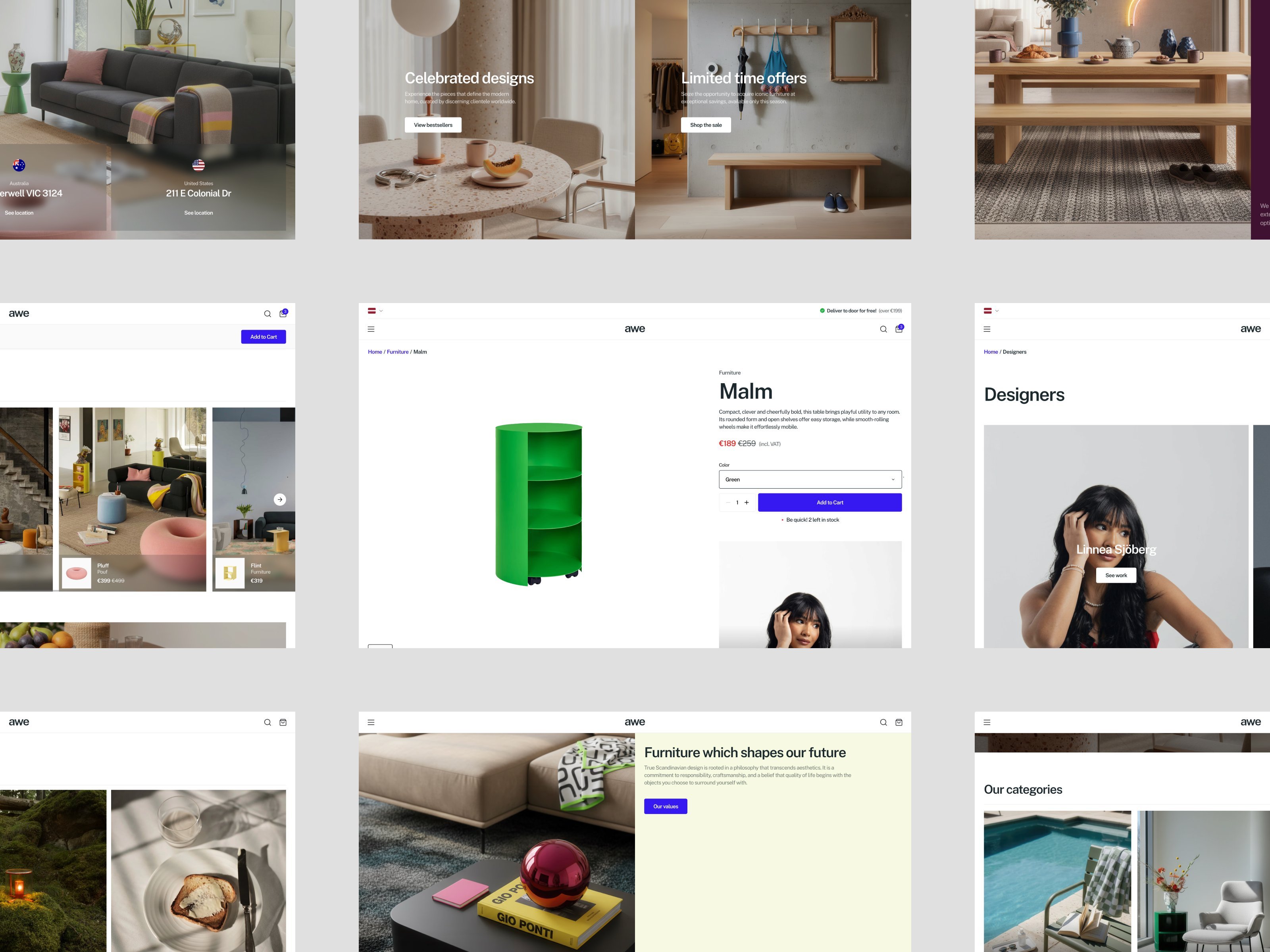 Multi-page collage of the Awe Scandinavian furniture website template showing product listings, a green cabinet detail page, a designers profile page, and category browsing page