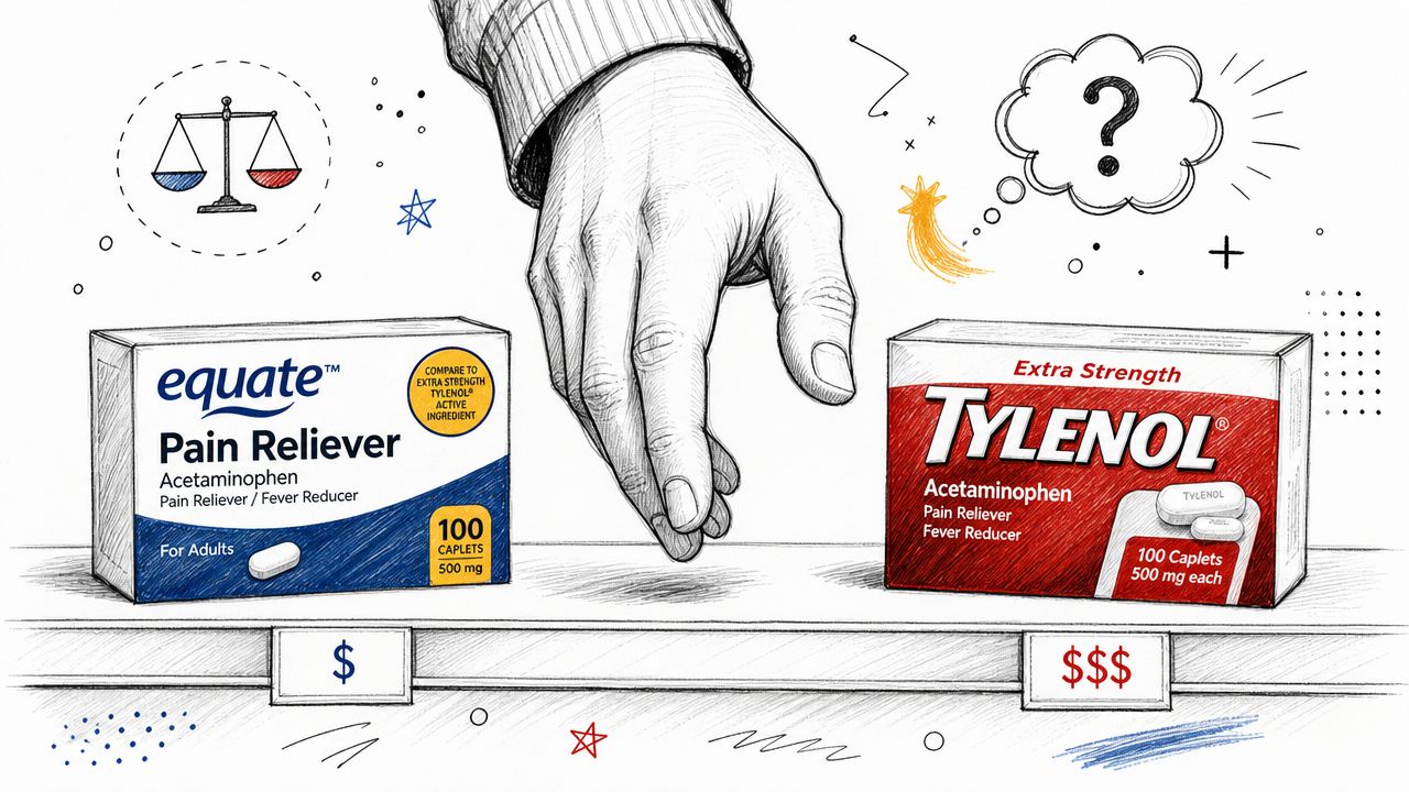 A hand choosing between a cheaper equate pain reliever box and a more expensive Tylenol medicine box.
