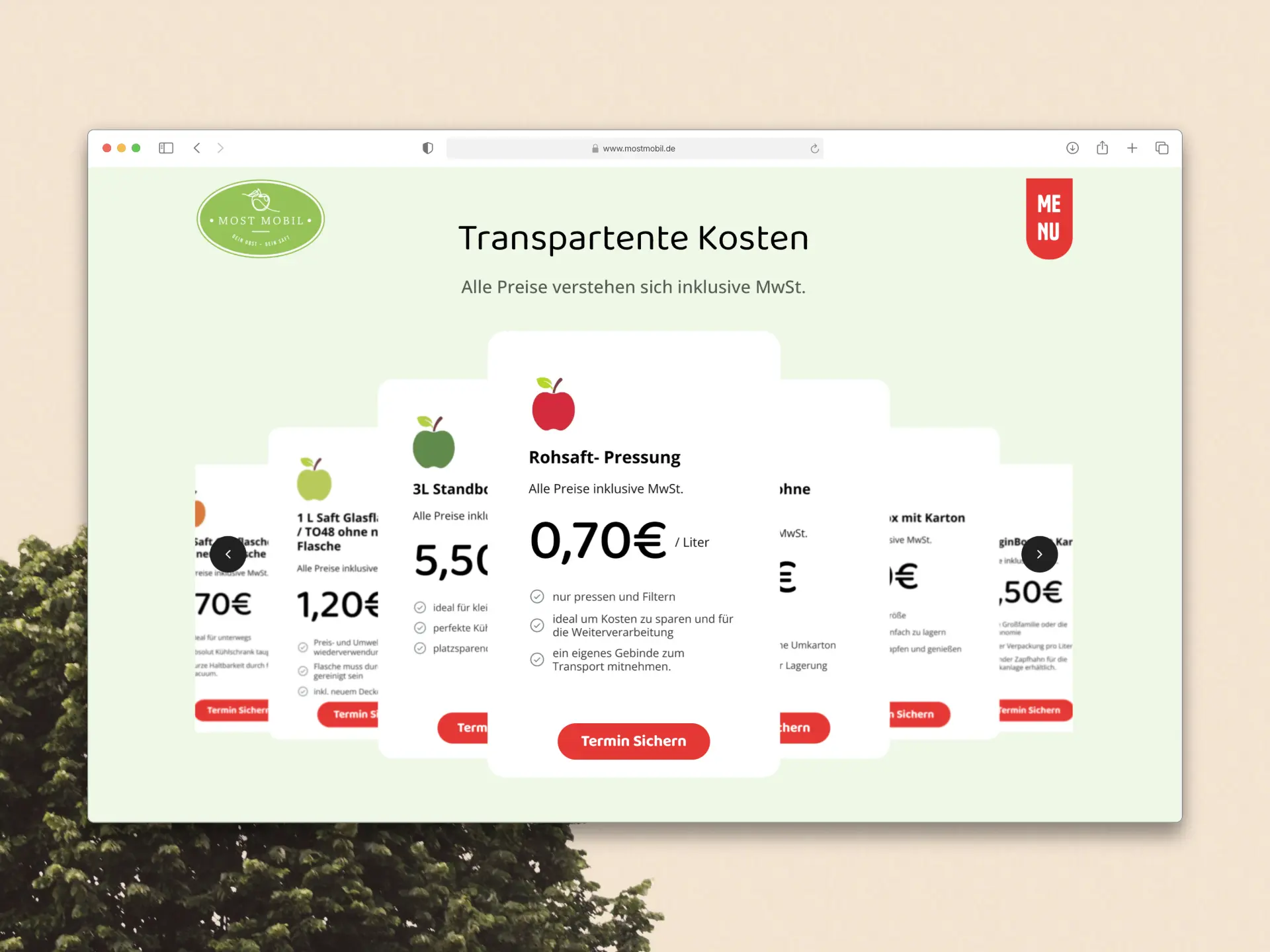 reis-Karussell der MostMobil Website mit den verschiedenen Saft-Gebinden