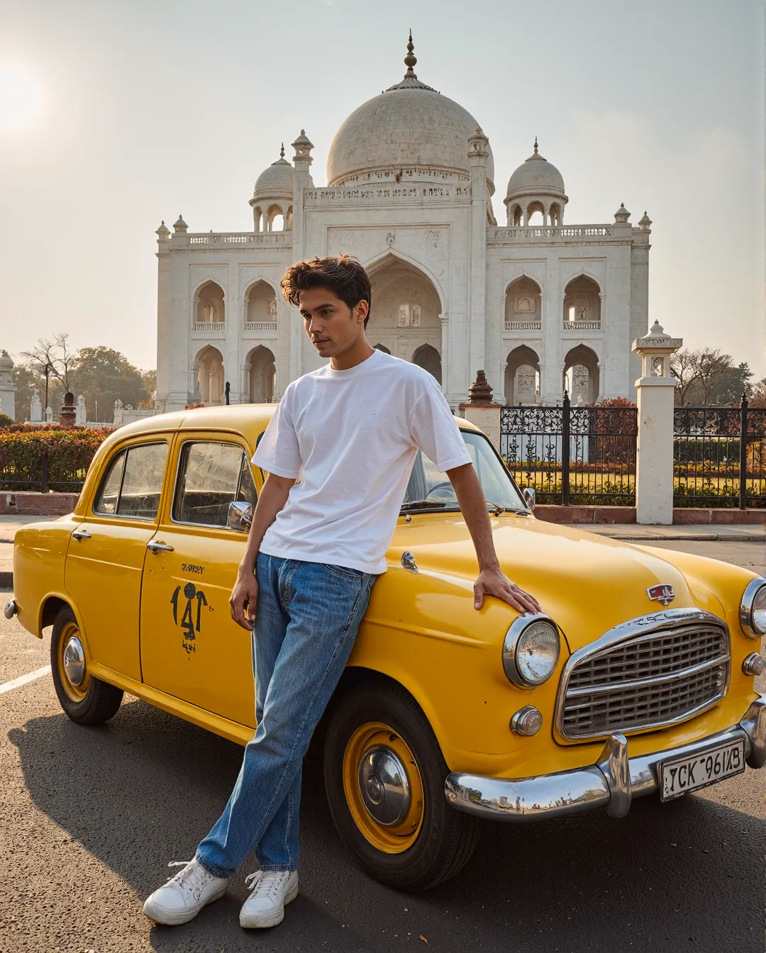 Stylish composition featuring a vintage yellow taxi cab parked in front of the iconic white domed Taj Mahal in golden sunlight