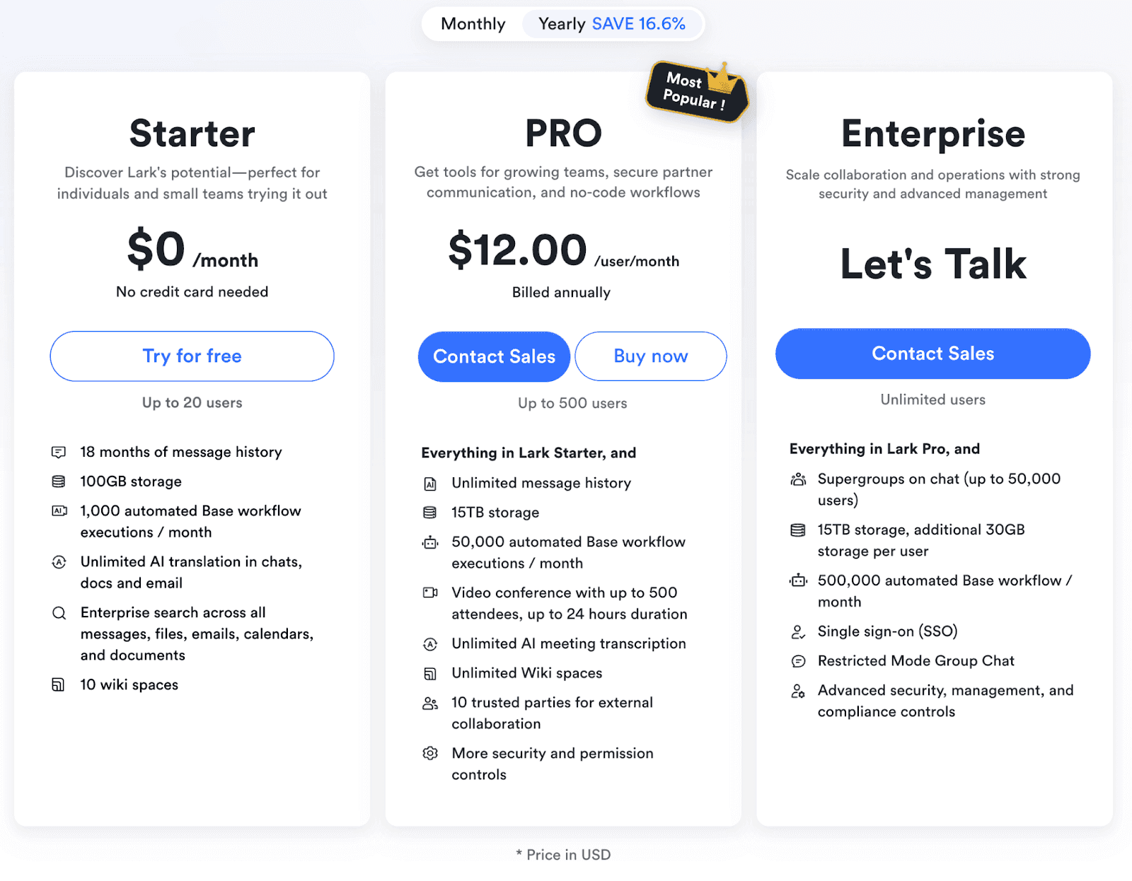 Lark's transparent pricing plan and integrated collaboration features