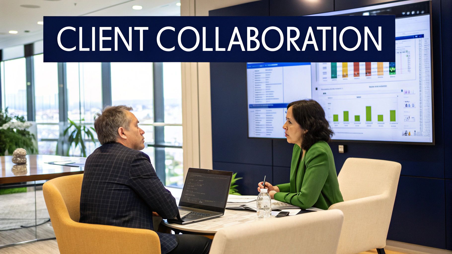 Two professionals engaged in a client collaboration meeting in a modern office, reviewing performance dashboards displayed on a large screen with laptops and documents on the table