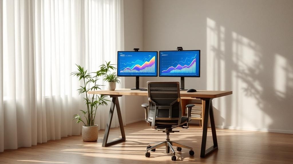 Modern office setup with SEO tracking dashboards