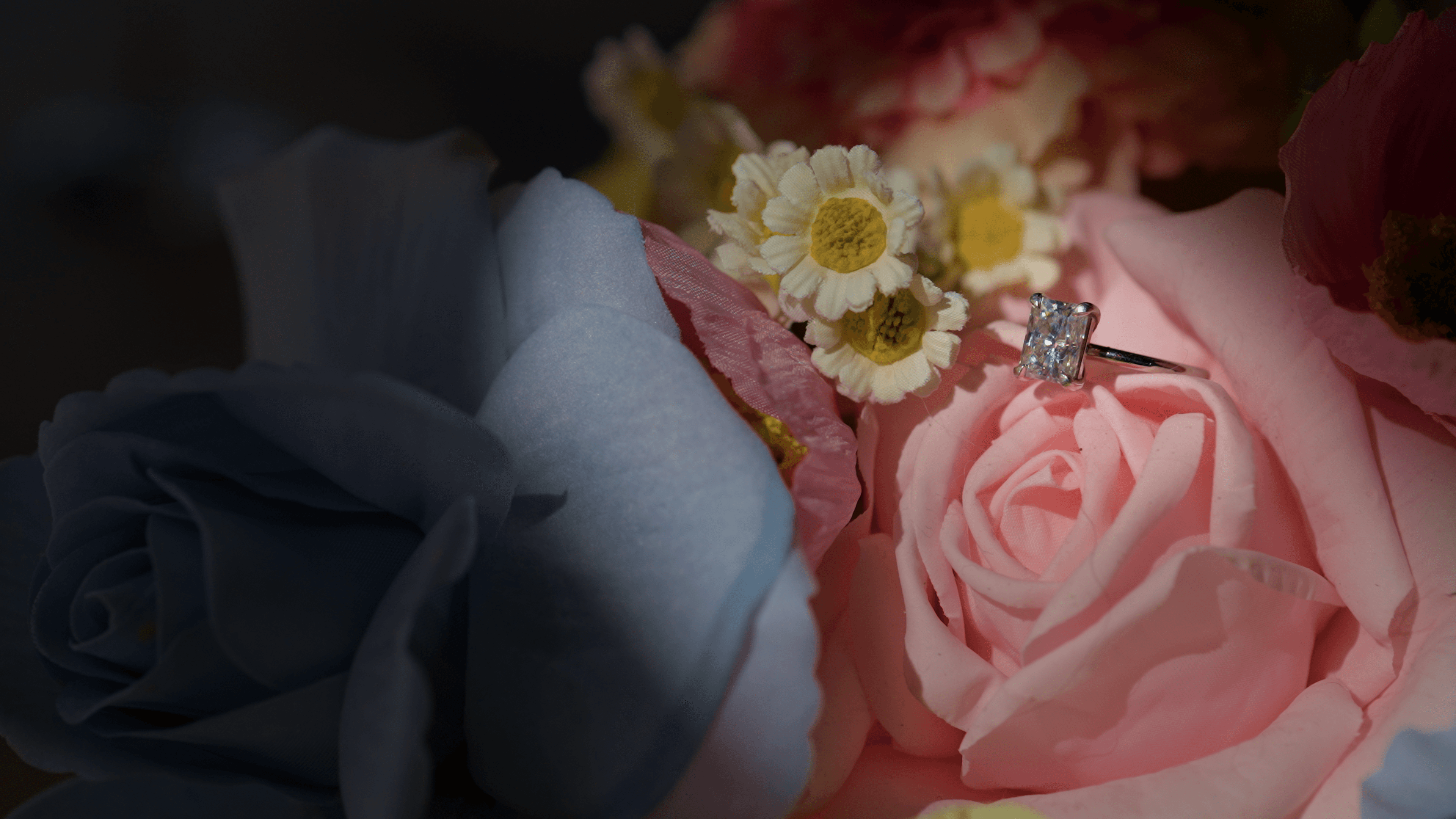 Felicity's engagement ring nestled gently into her flowers for her wedding at Skyline Farm.