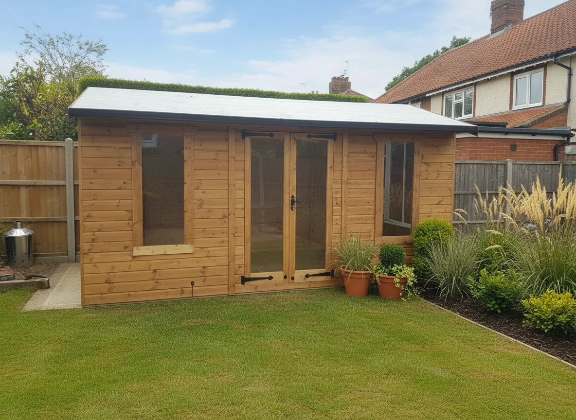 Long timber garden office with white roof