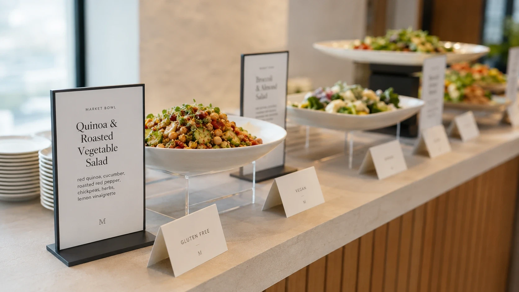 cardápio corporativo com restrições alimentares sinalizadas em estações de buffet