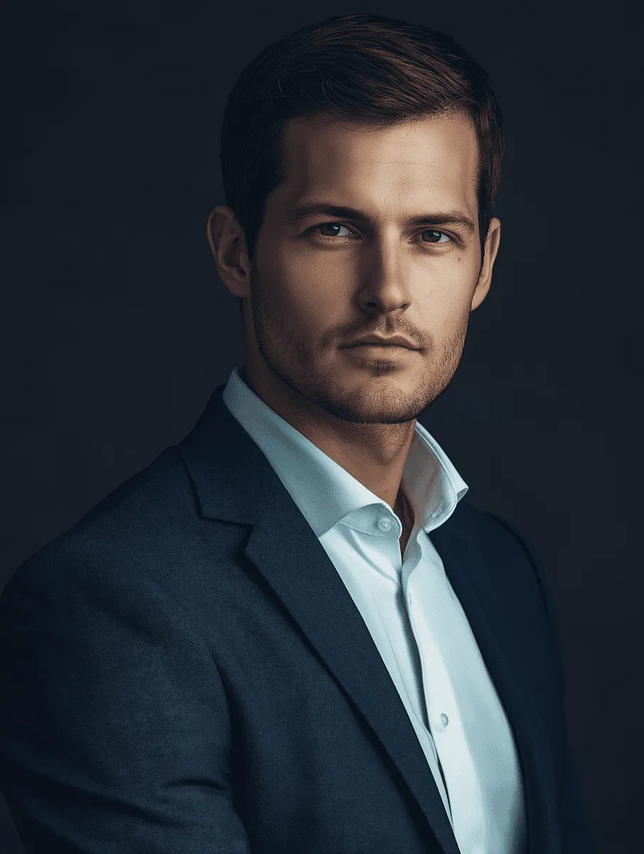 Formal portrait of a man in a dark suit and white dress shirt against a dark background, looking confidently at the camera.