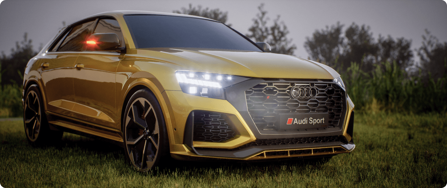 An unreal engine 5 cinematic render of Audi RSQ8 in a lake side forest environment.