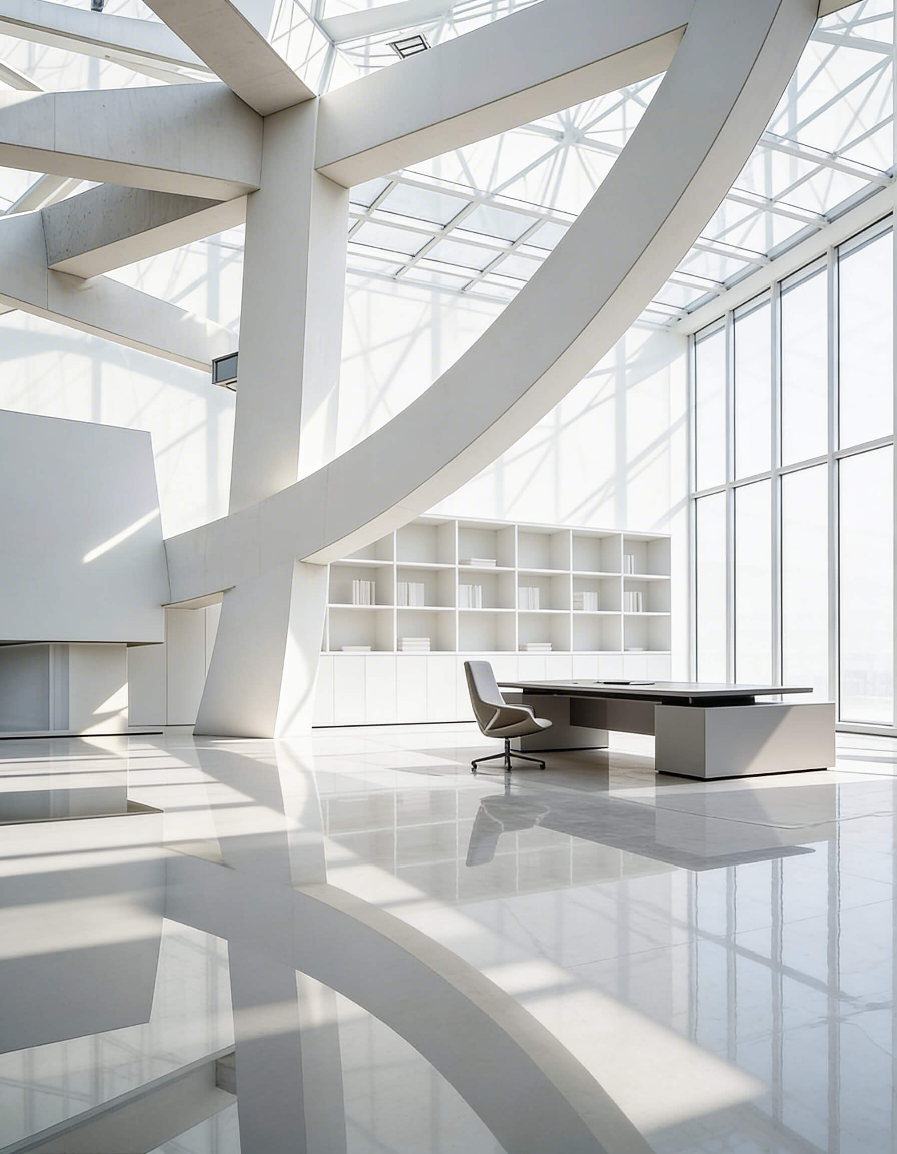 Open-plan office interior with sweeping white arches and minimal sculptural desk