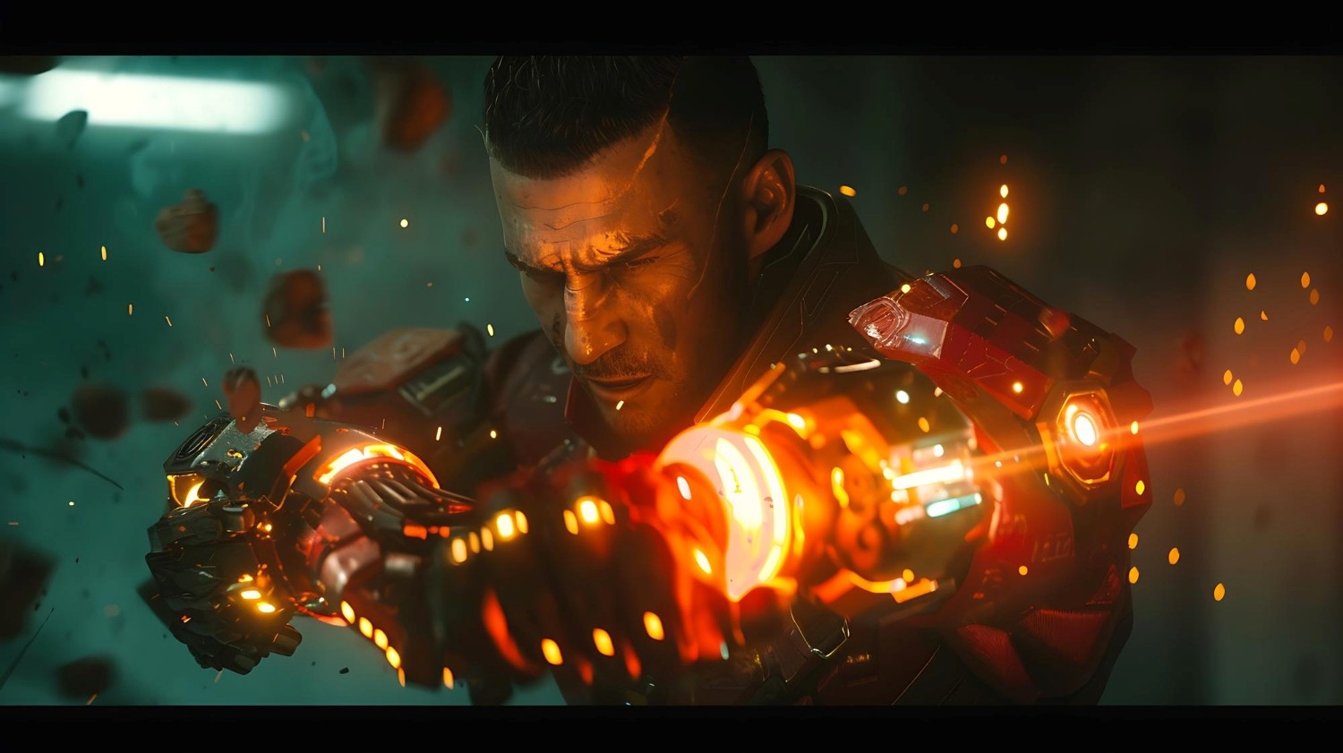 A futuristic warrior with glowing red mechanical gauntlets appearing to focus intensely. Sparks and debris float around him in a dark, tech-enhanced environment, suggesting a powerful action or battle scene.