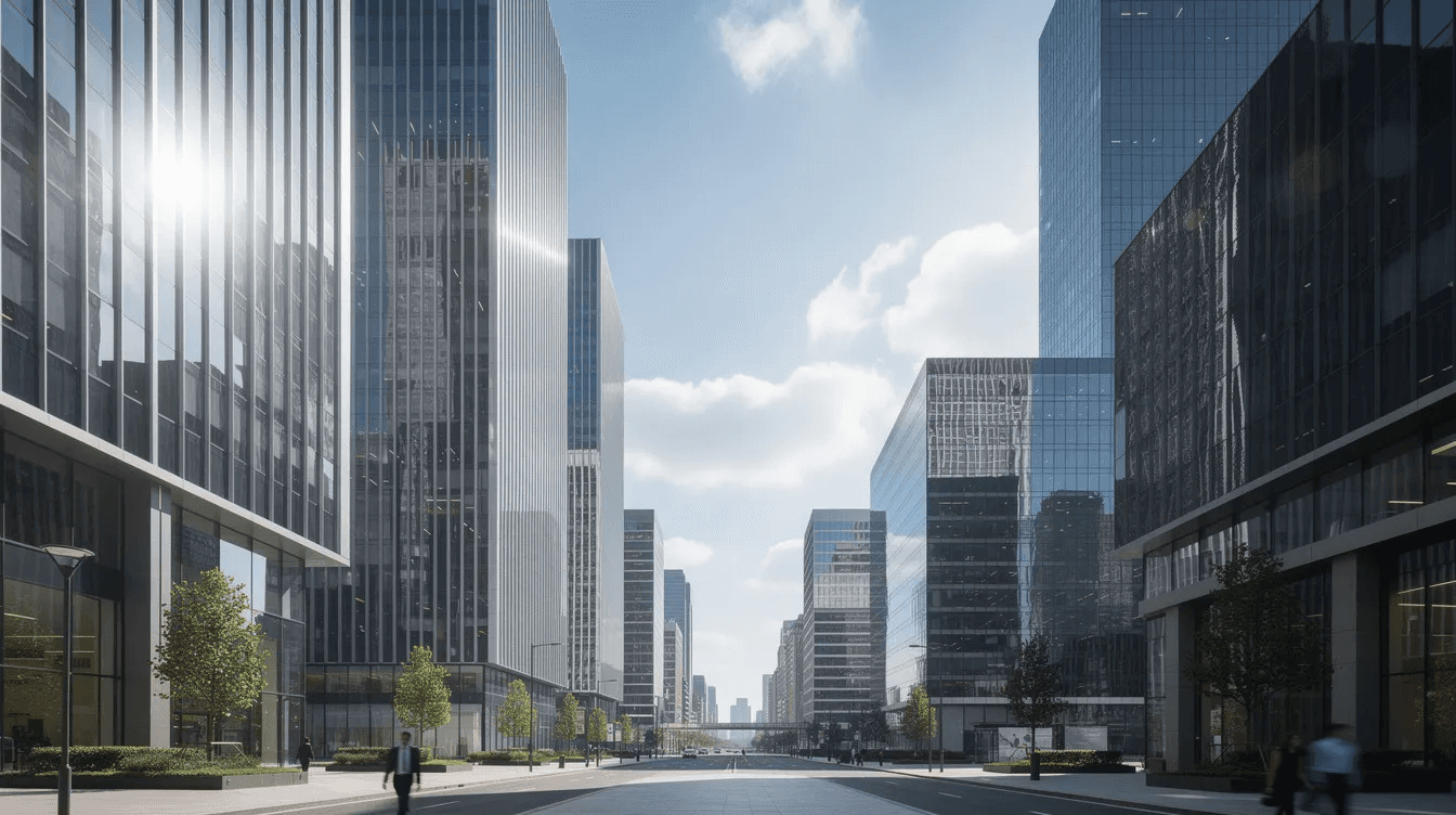 L'image montre un quartier d'affaires moderne à Paris, où des bâtiments en verre reflètent le ciel, créant un environnement dynamique et professionnel. Ce paysage urbain évoque l'activité des entreprises et le recrutement, symbolisant des carrières en plein essor dans un cadre international.