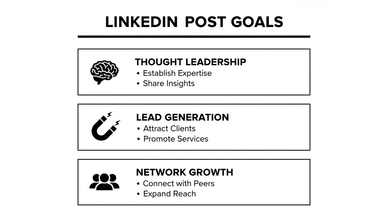 Infographic outlining LinkedIn post goals: Thought Leadership, Lead Generation, and Network Growth, with specific actions.