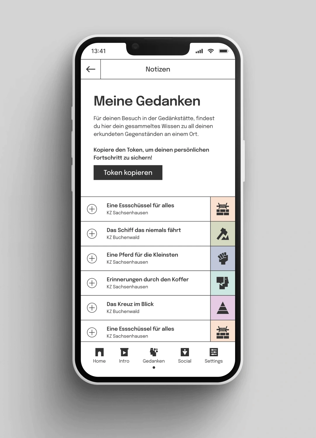 Notizenfunktion - Ein Smartphone-Bildschirm zeigt die 'Meine Gedanken' Funktion, wo Nutzer ihre gesammelten Erkenntnisse über erkundete Gegenstände speichern können. Diese Funktion ermöglicht es, den persönlichen Fortschritt zu sichern.
