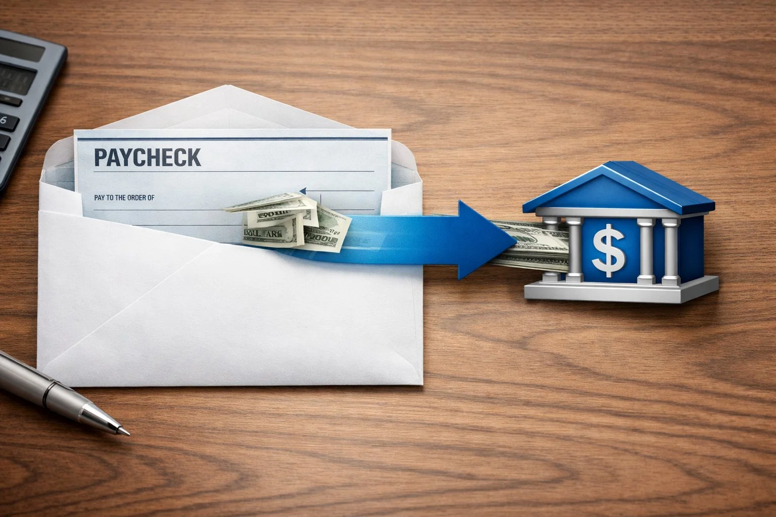 Paycheck envelope with a portion redirected into an account icon, symbolizing wage garnishment in a clean, realistic design.