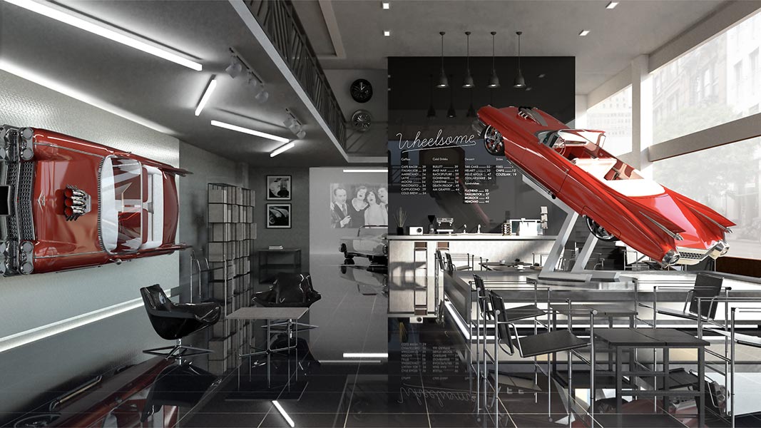 A red classic car is mounted on the wall in a modern, minimalist showroom. The car is positioned above a sleek, dark counter with stools and tables. A large window on the right reveals a glimpse of the outdoors. Above the counter, a sign reads “Wheelsome,” with additional text listing menu items. The showroom features linear lighting fixtures, a dark tiled floor, and a glass partition separating the showroom from the rest of the space.