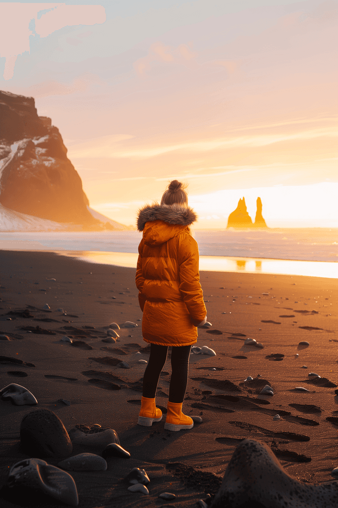 A woman on a beach looking at the sunset