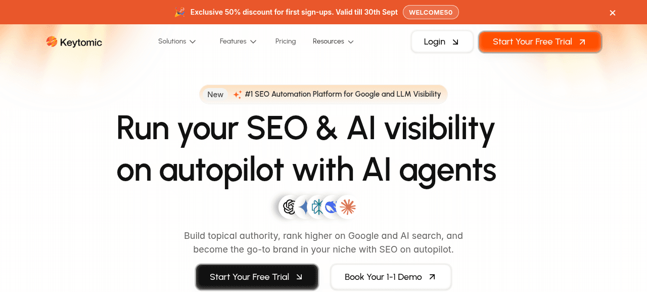 Keytomic homepage showing AI SEO research, content, publishing, and visibility workflow