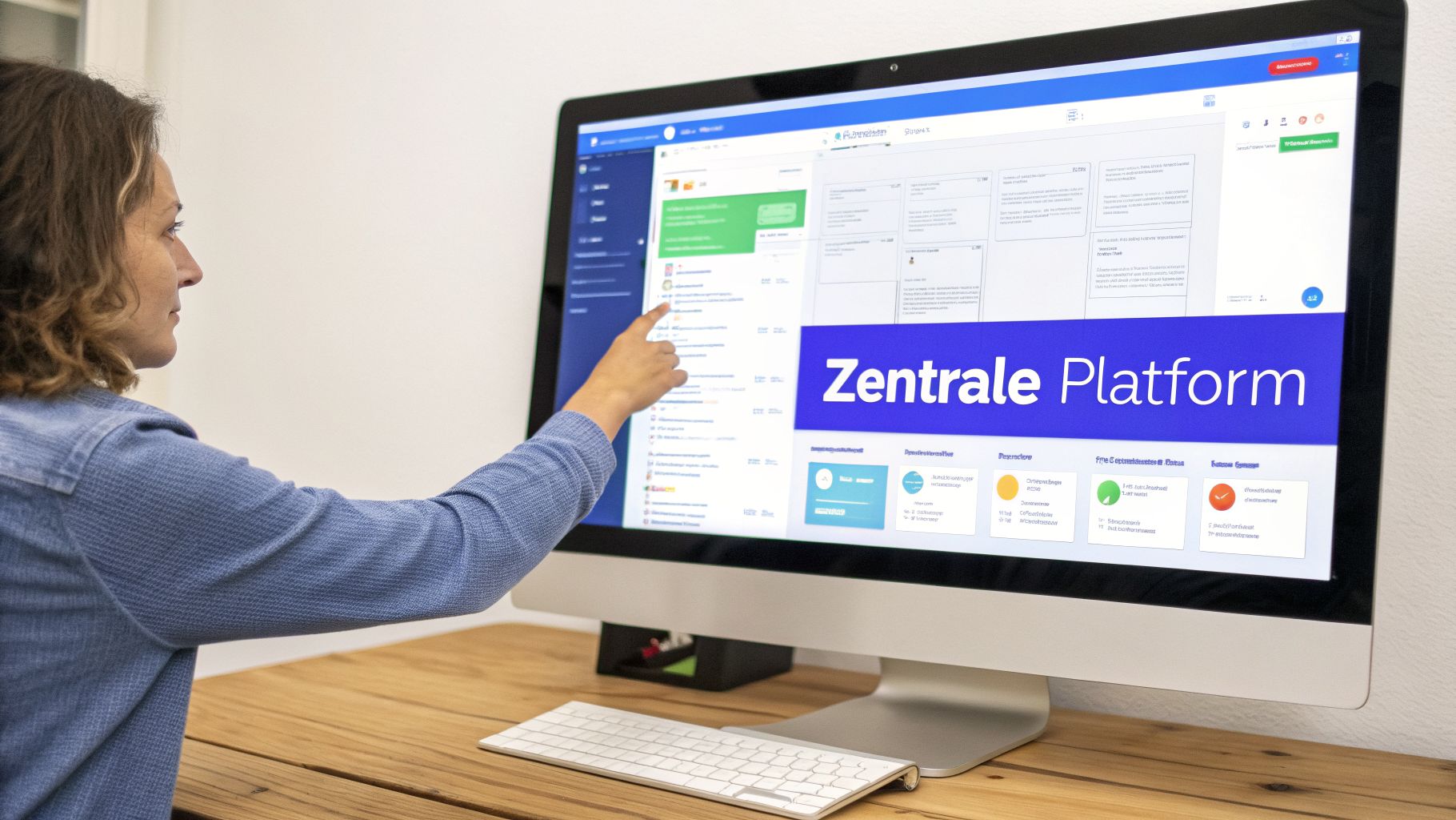 Eine Frau tippt auf einem Computermonitor, der eine „Zentrale Plattform“-Software anzeigt, ideal für die Hausverwaltung.