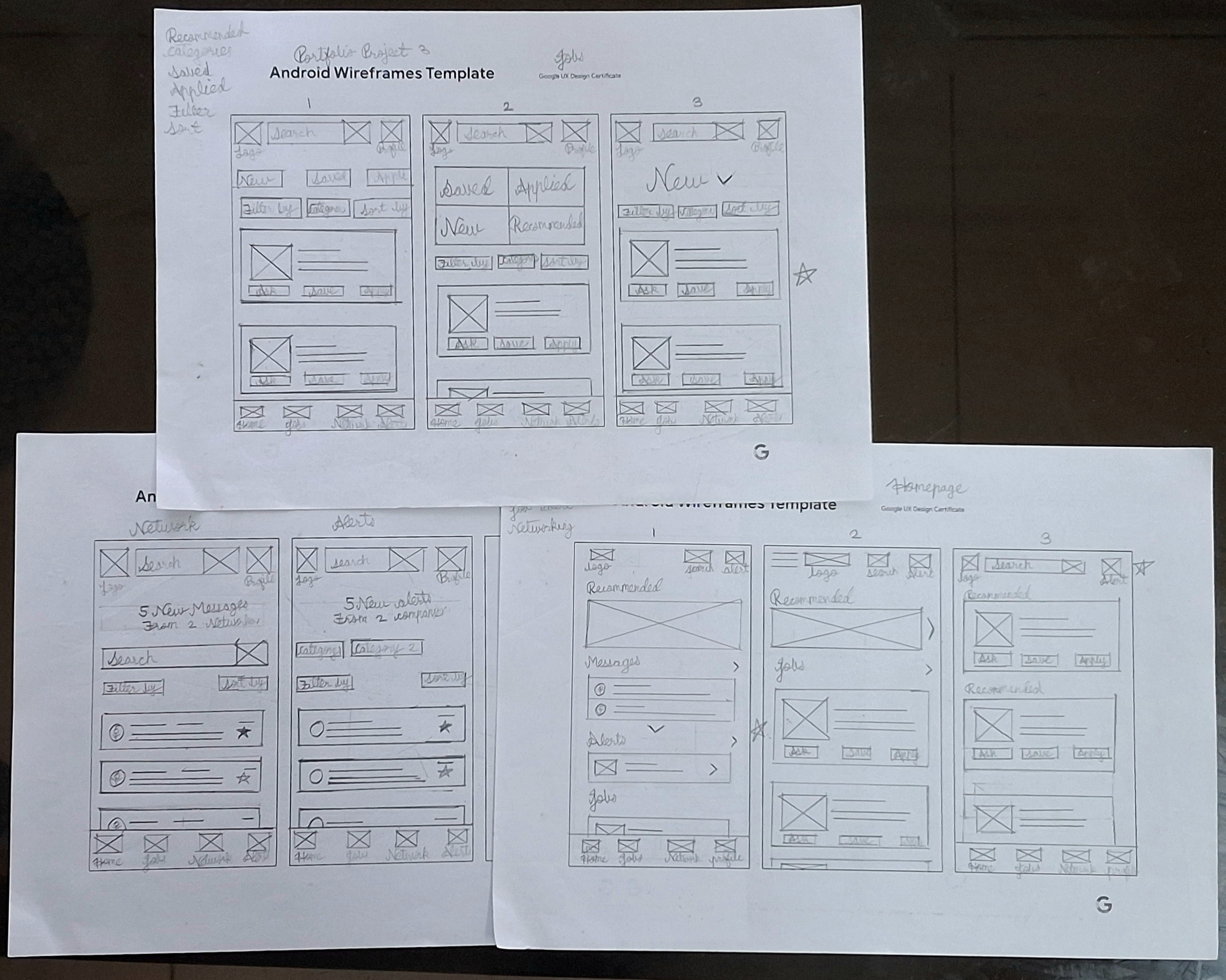 Paper wireframes for SkillSeekers app