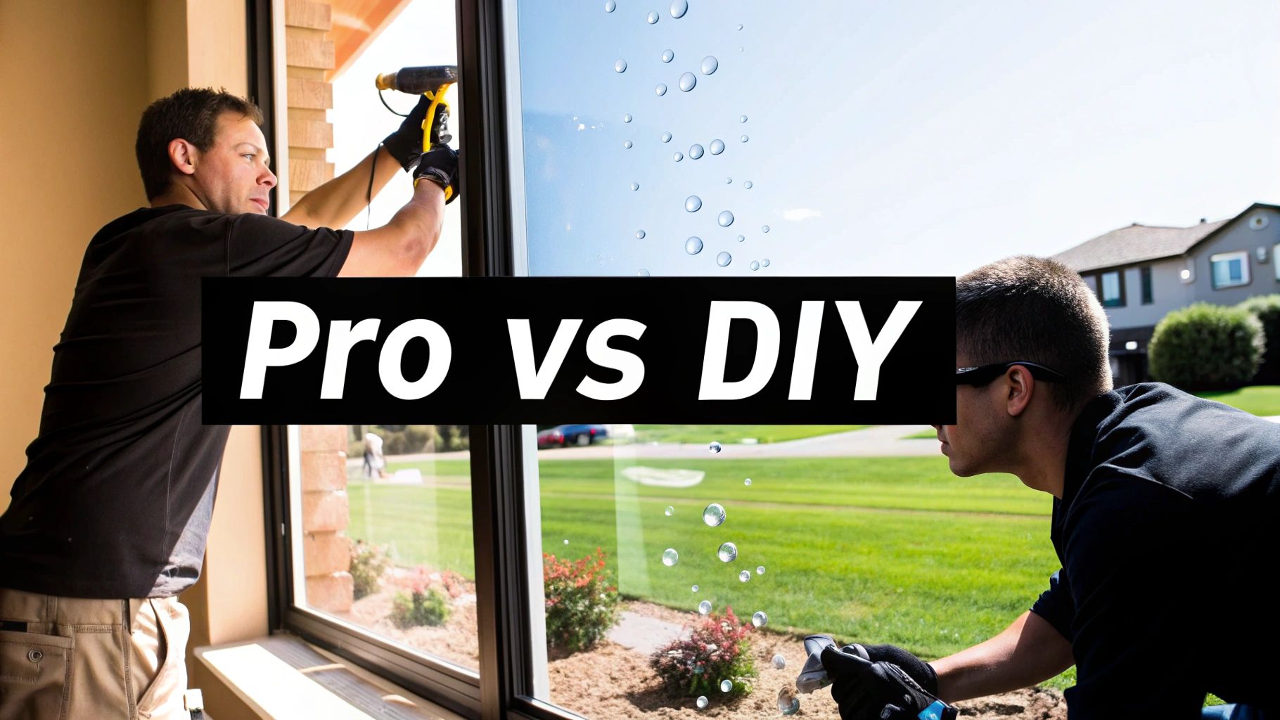 Two men working on window tint, depicting a comparison between professional and DIY methods.