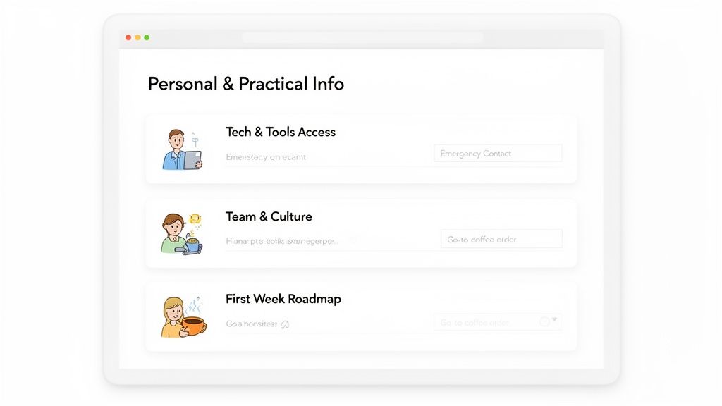 A digital form showing 'Personal & Practical Info' with sections for Tech & Tools, Team & Culture, and First Week Roadmap.