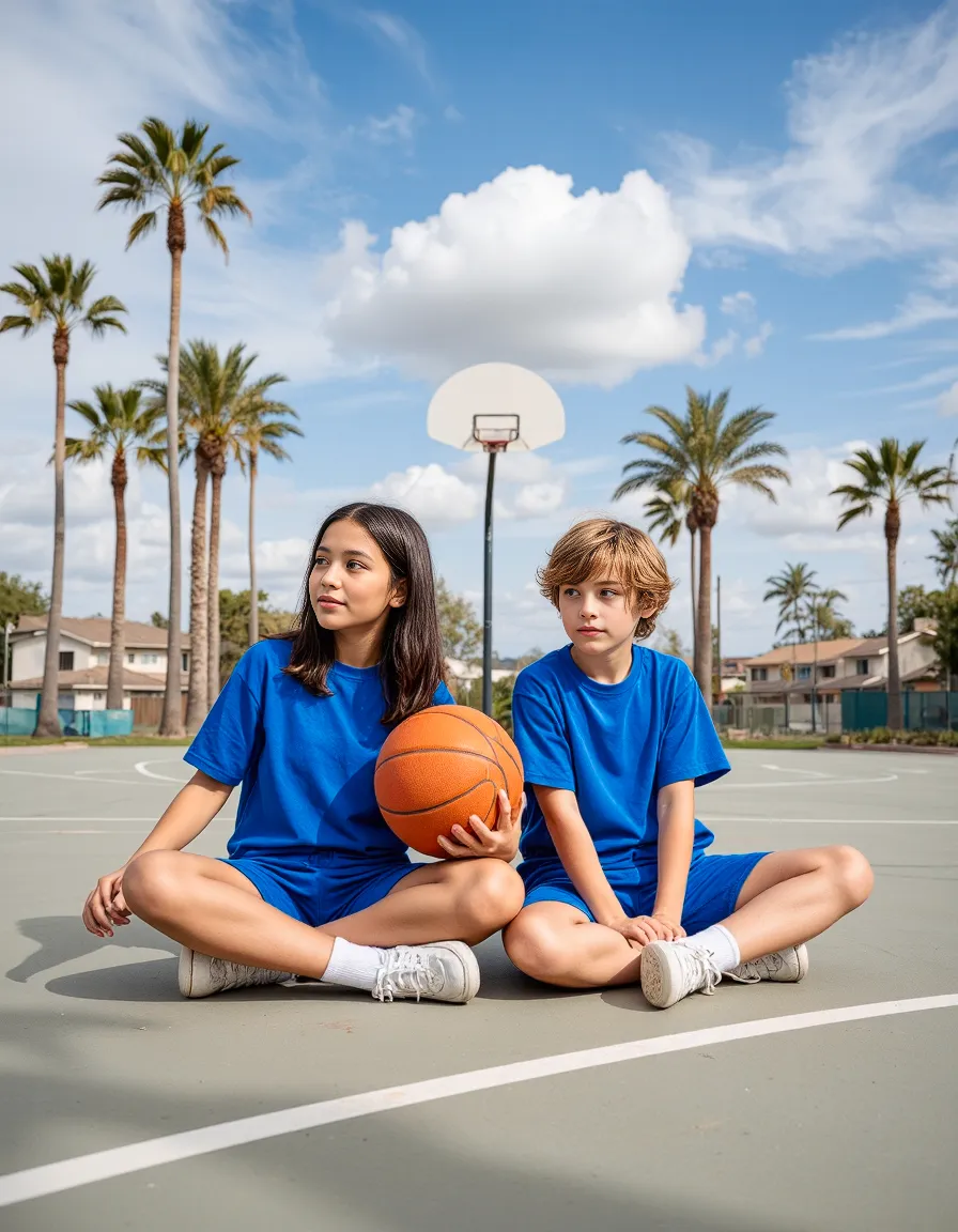 Two young athletes in matching blue uniforms sitting on basketball court with palm trees and hoop in background on sunny day