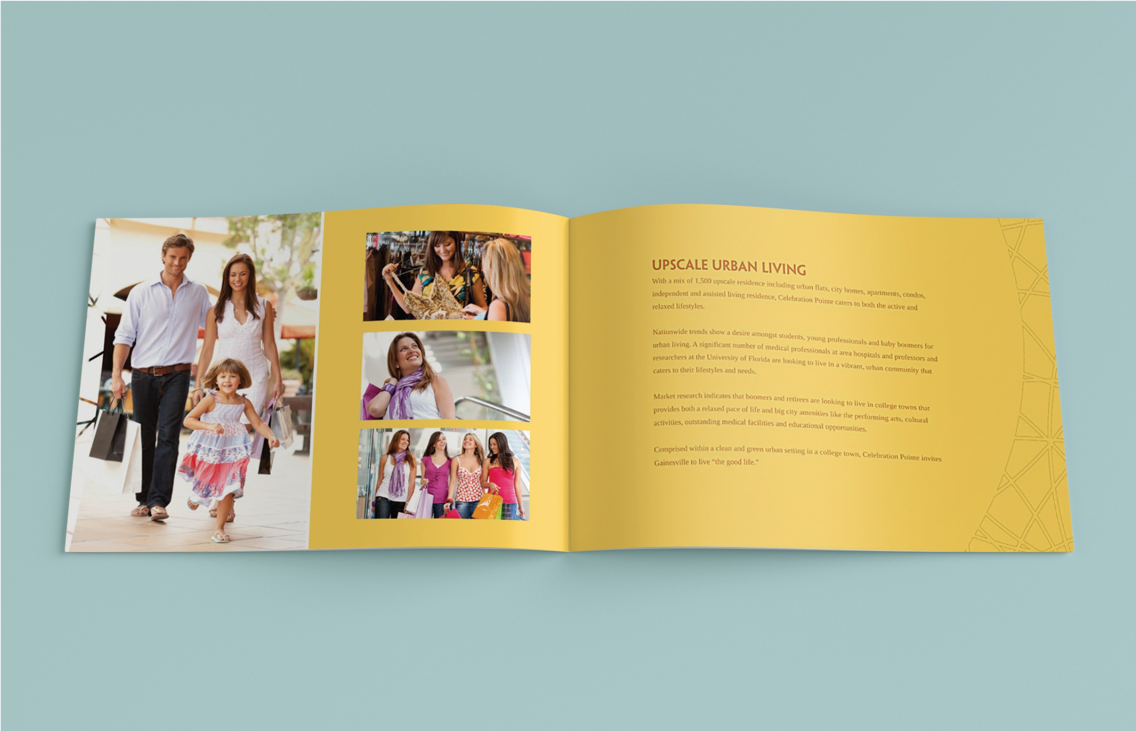 Interior spread of a brochure, focusing on the benefits of living in Celebration Pointe.