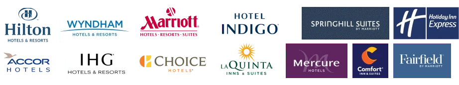 Hilton, Wyndham, Marriott, Hotel Indigo, SpringHill Suites, Holiday Inn Express, Accor, IHG, Choice Hotels, La Quinta, Mercure, Comfort and Fairfield