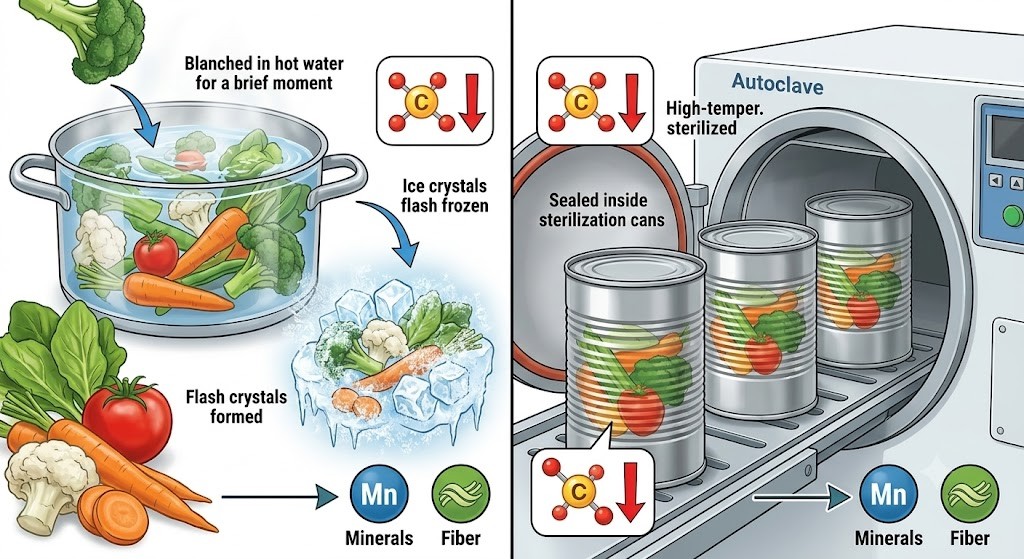 A split-screen infographic comparing frozen versus canned vegetable processing, showing how frozen broccoli retains more nutrients after flash freezing compared to the high heat sterilization of canned goods.