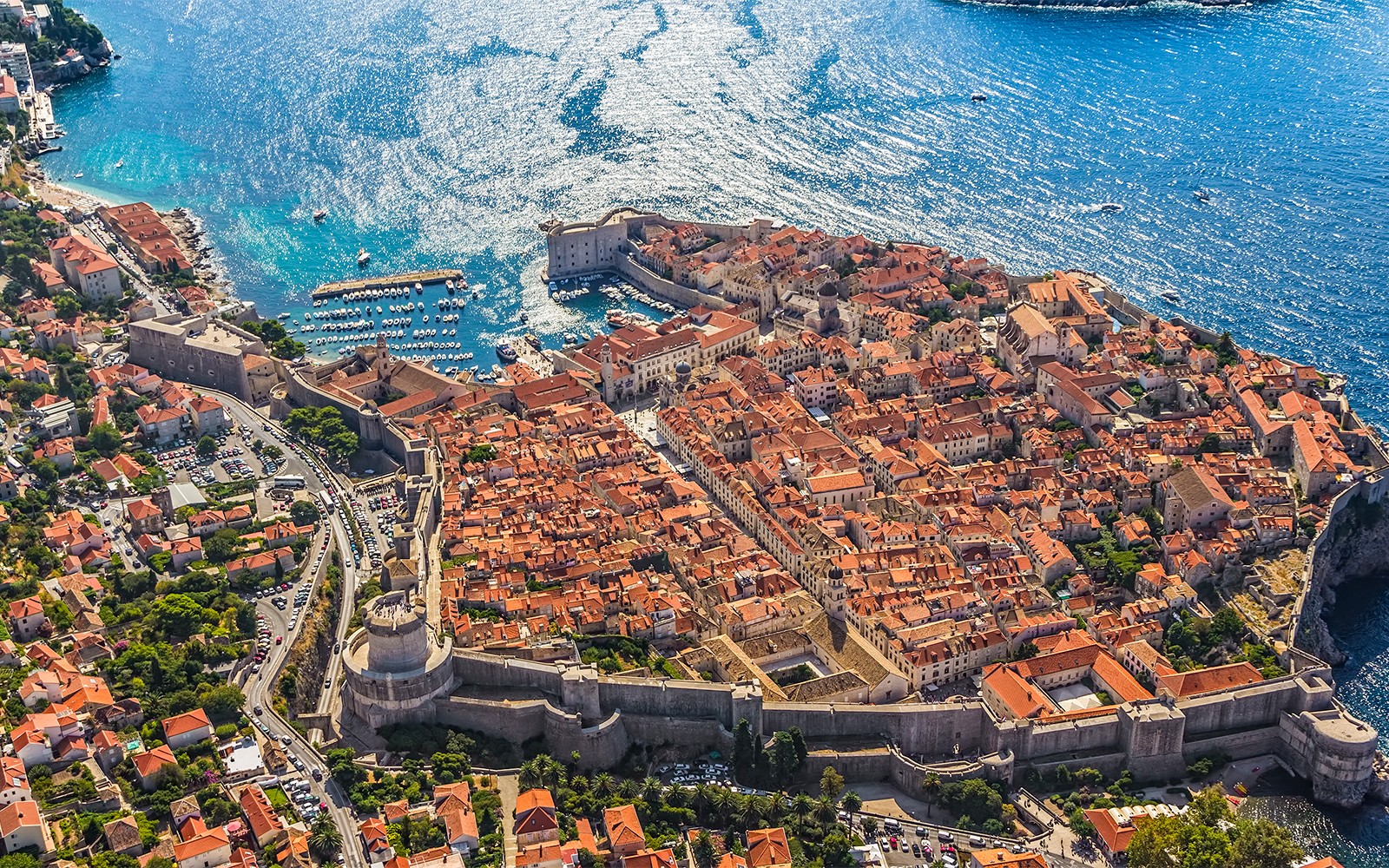 Aerial view of Dubrovnik's Old Town and city walls by the Adriatic Sea.
